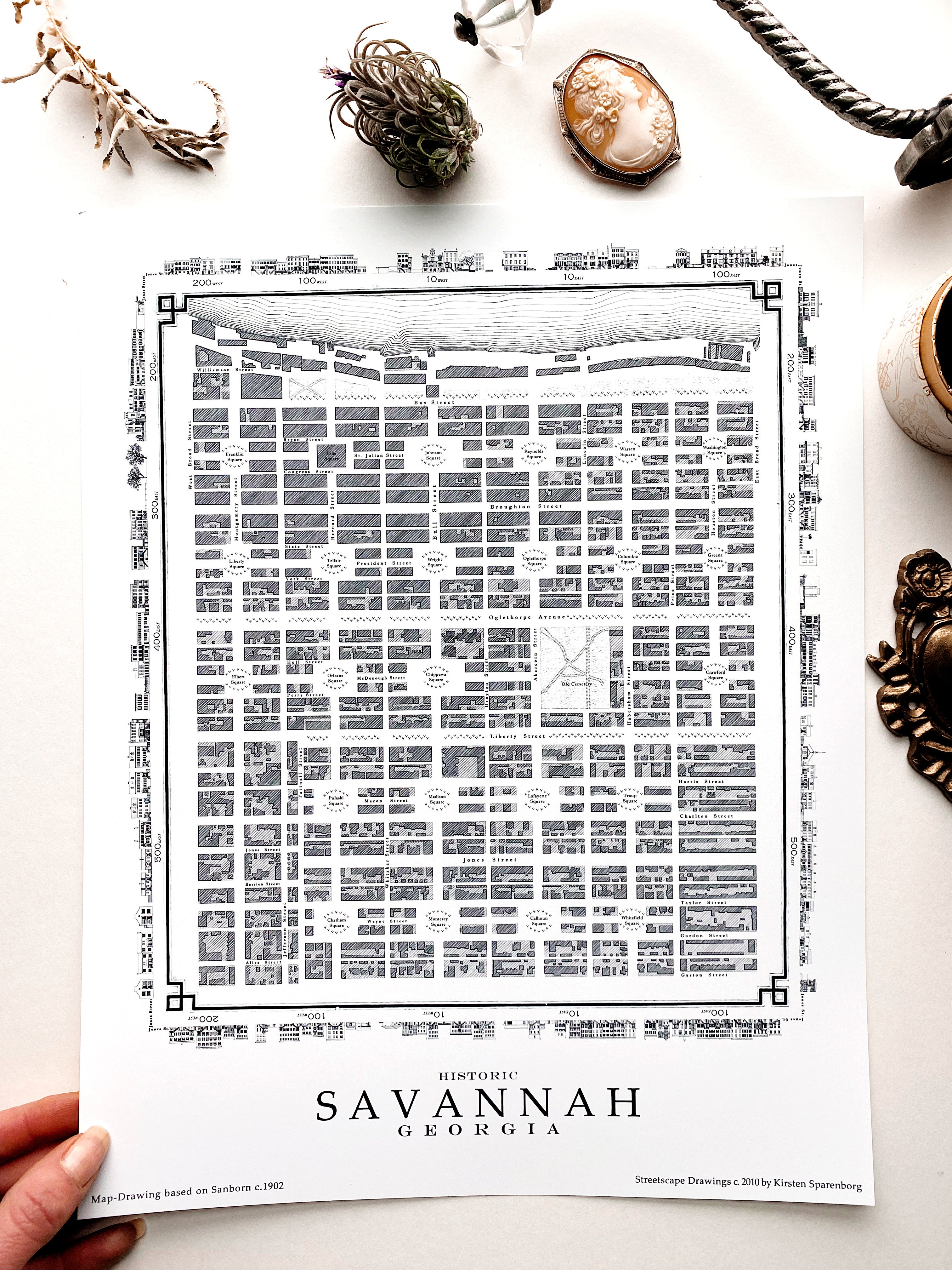Historic Savannah GA Map-drawing: ART PRINT