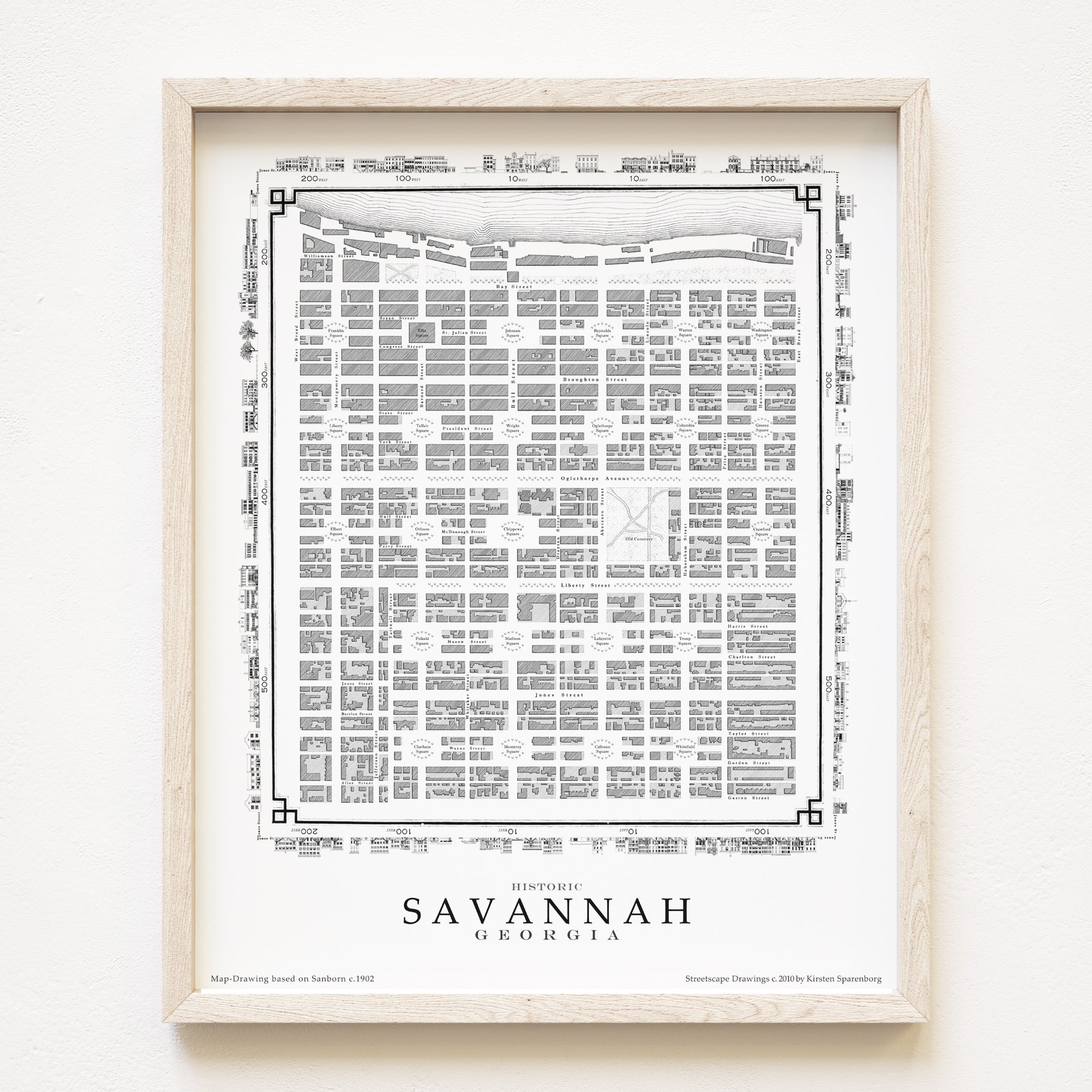Historic Savannah GA Map-drawing: ART PRINT