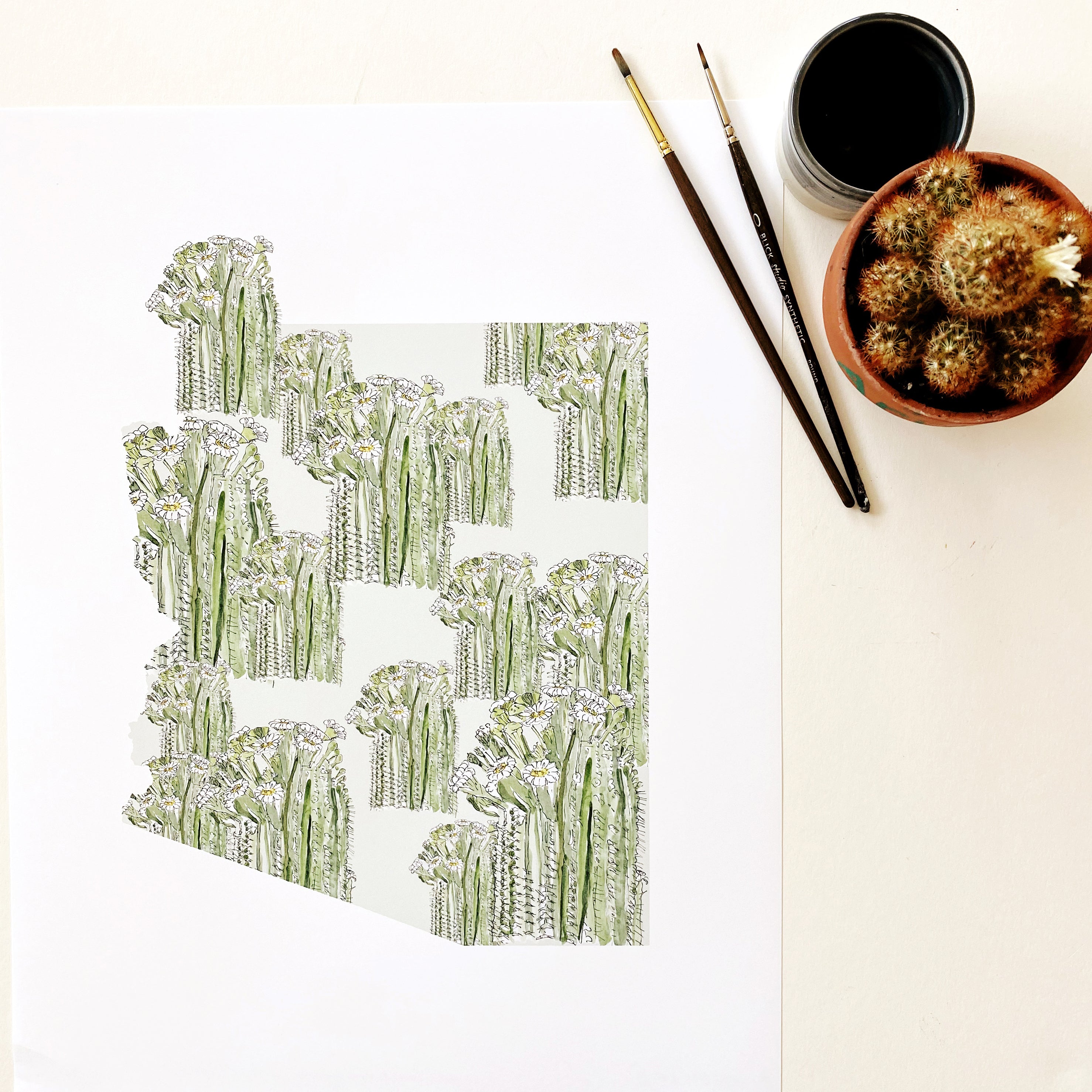 ARIZONA State Flower Map: Saguaro Cactus Blossom: PRINT