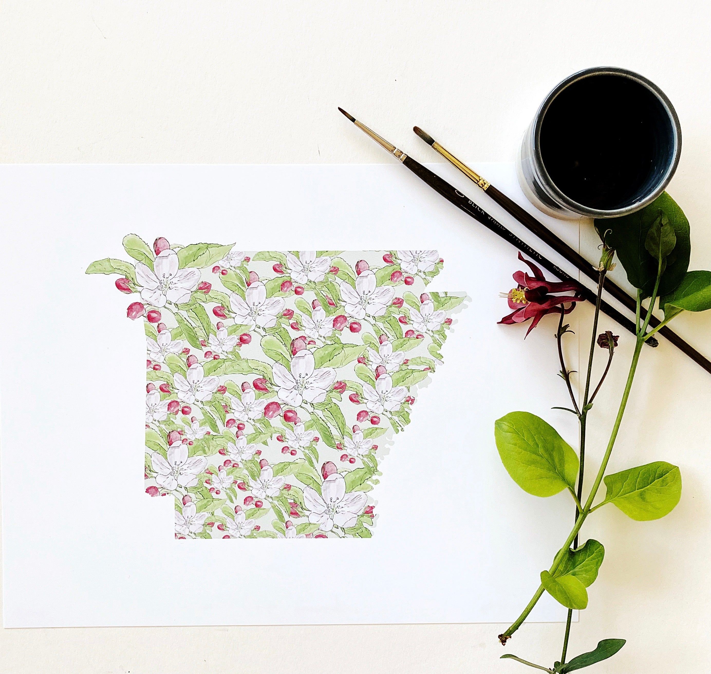 ARKANSAS State Flower Map: Apple Blossom: PRINT