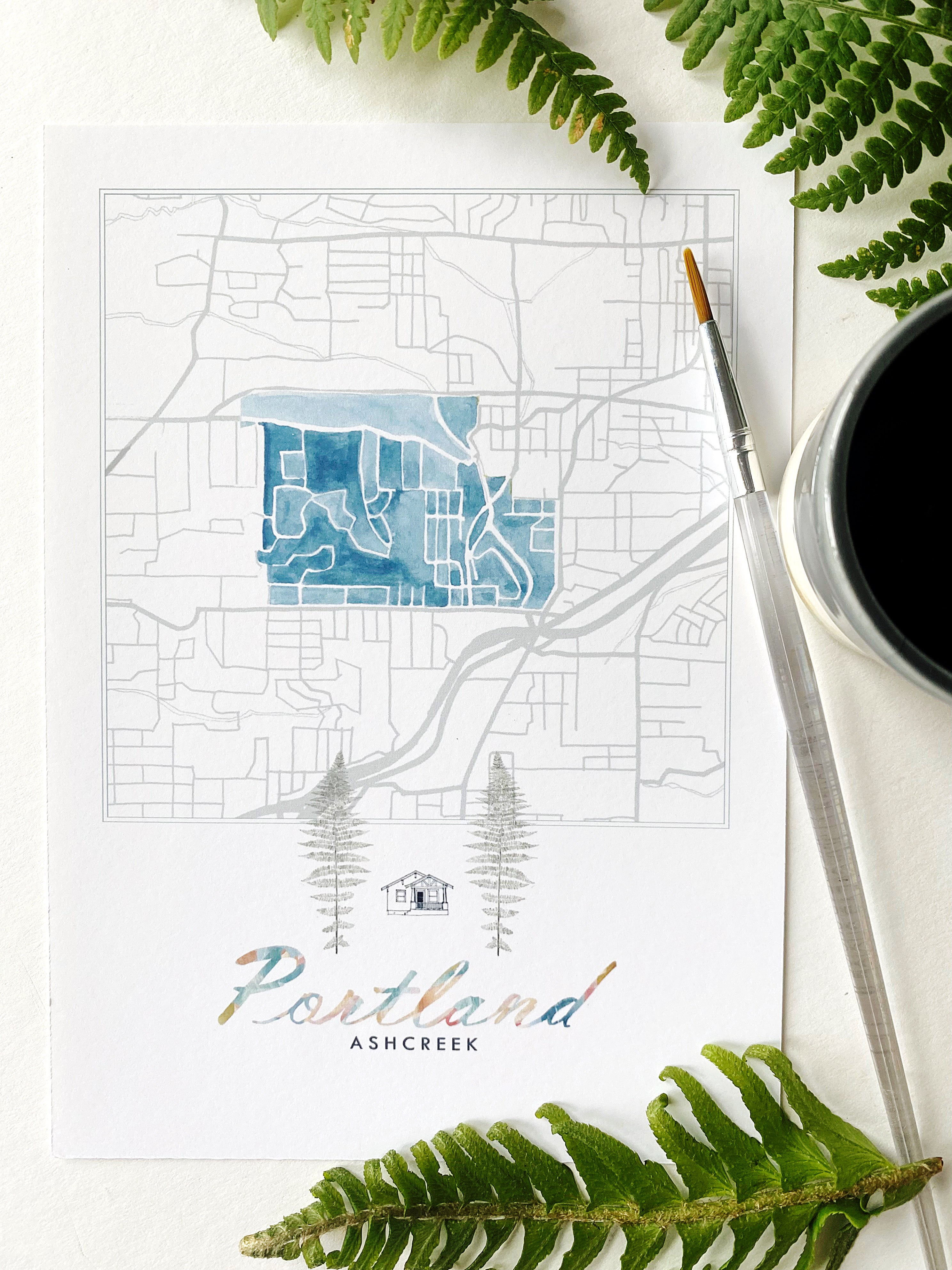 Ashcreek PORTLAND Neighborhood Watercolor Map: PRINT