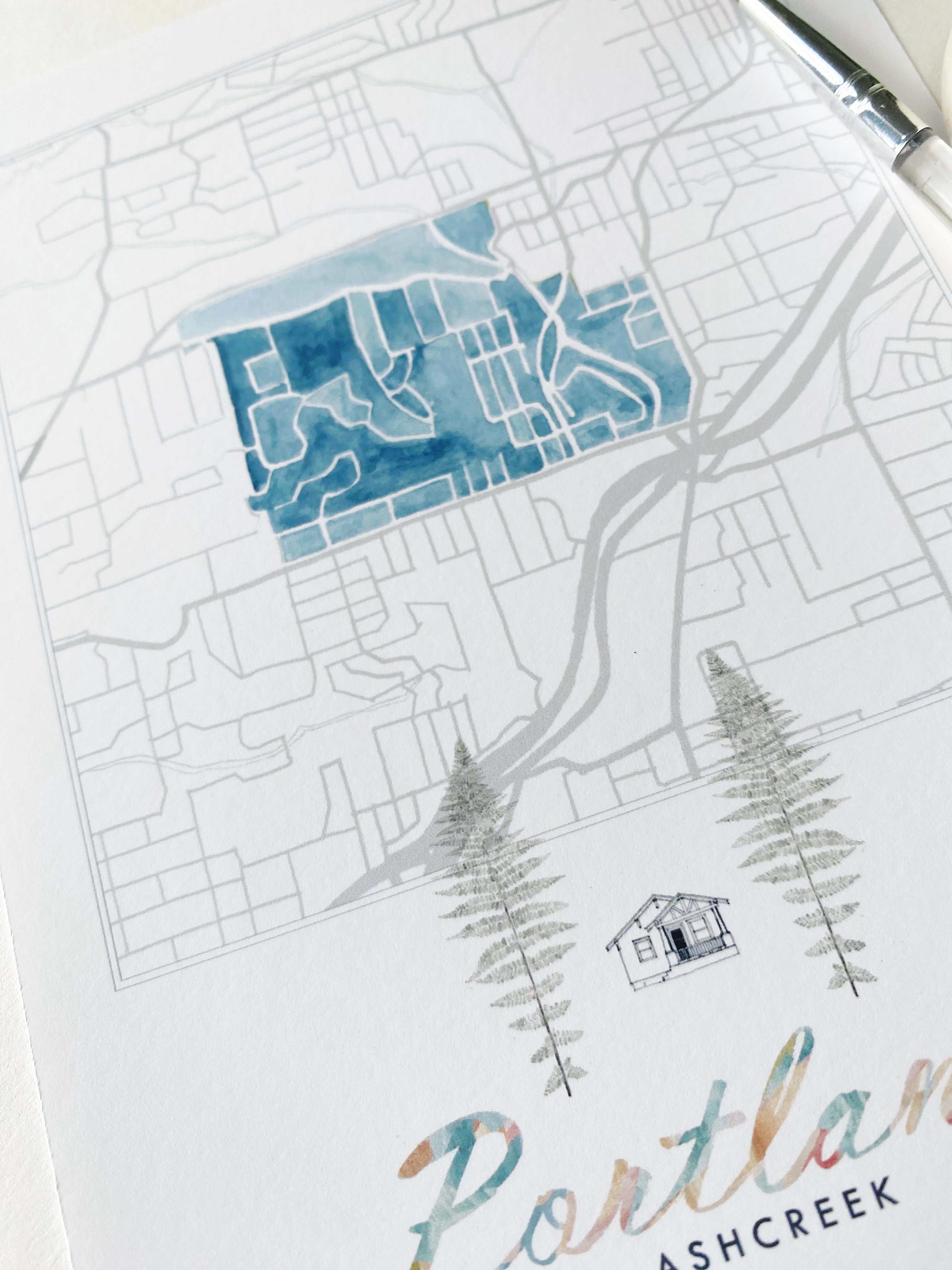 Ashcreek PORTLAND Neighborhood Watercolor Map: PRINT