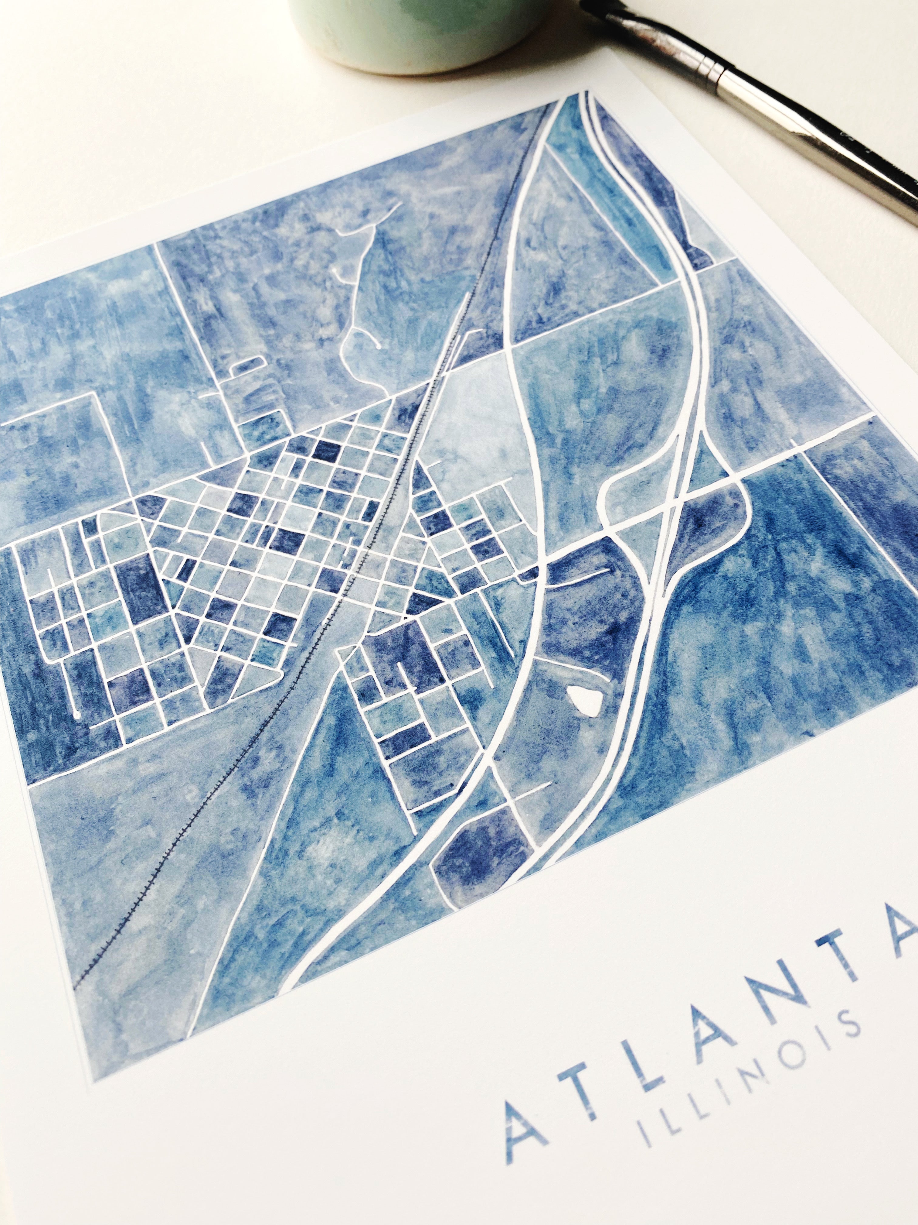 ATLANTA Illinois Watercolor City Blocks Map: PRINT