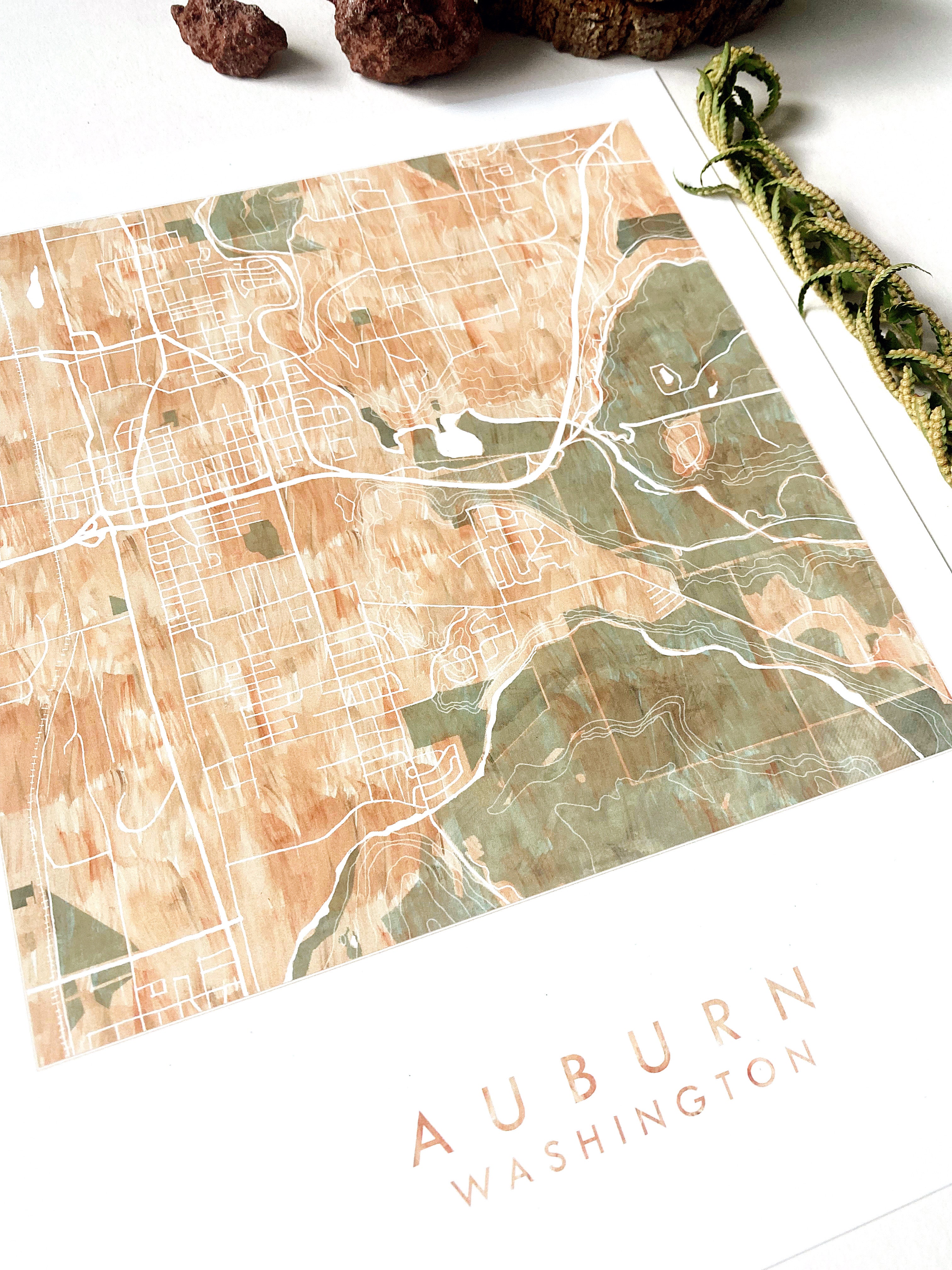 AUBURN Washington Watercolor Wash Art Map: PRINT