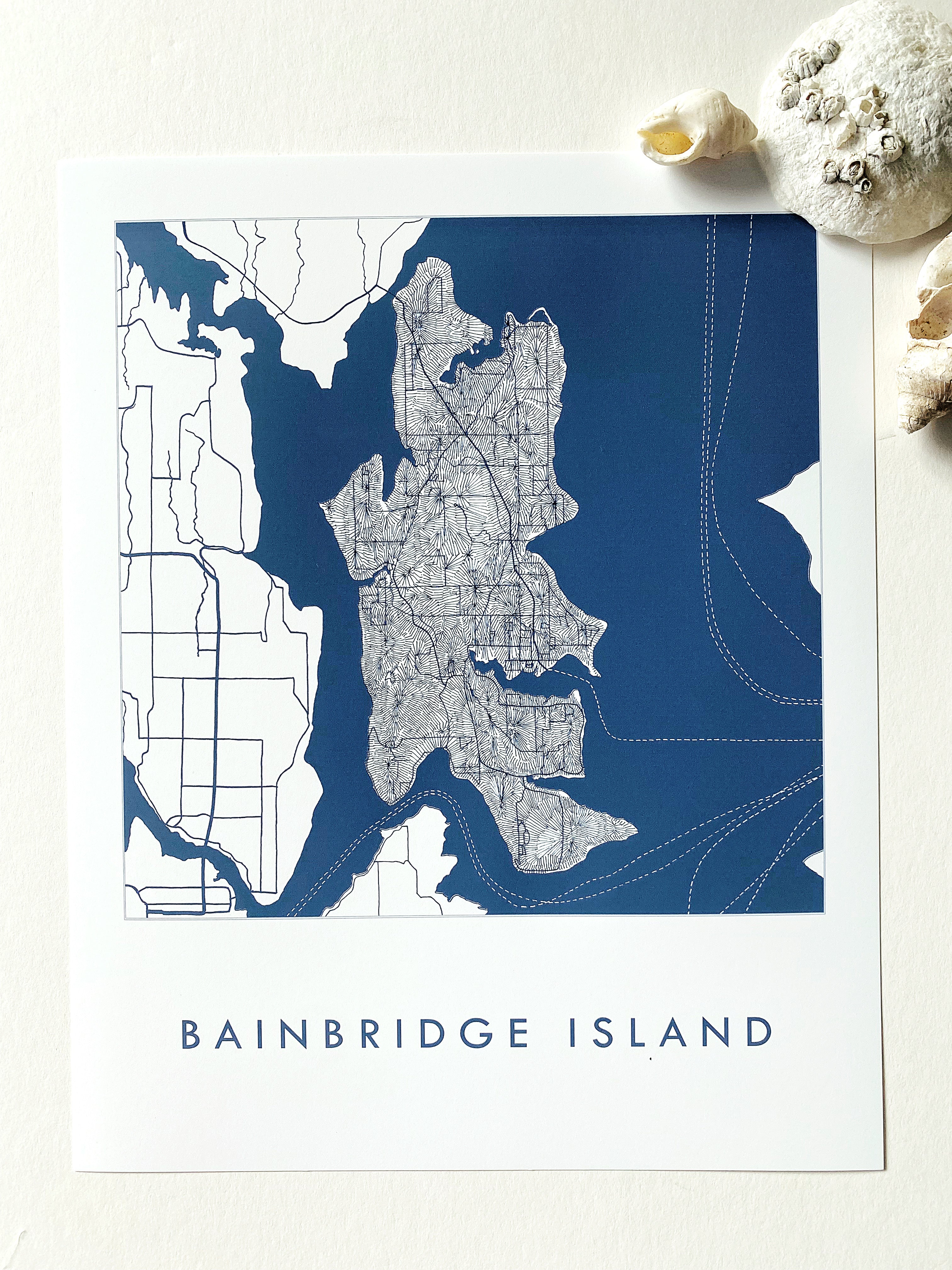 BAINBRIDGE ISLAND Washington Hand Drawn "Blueprint" Map: PRINT