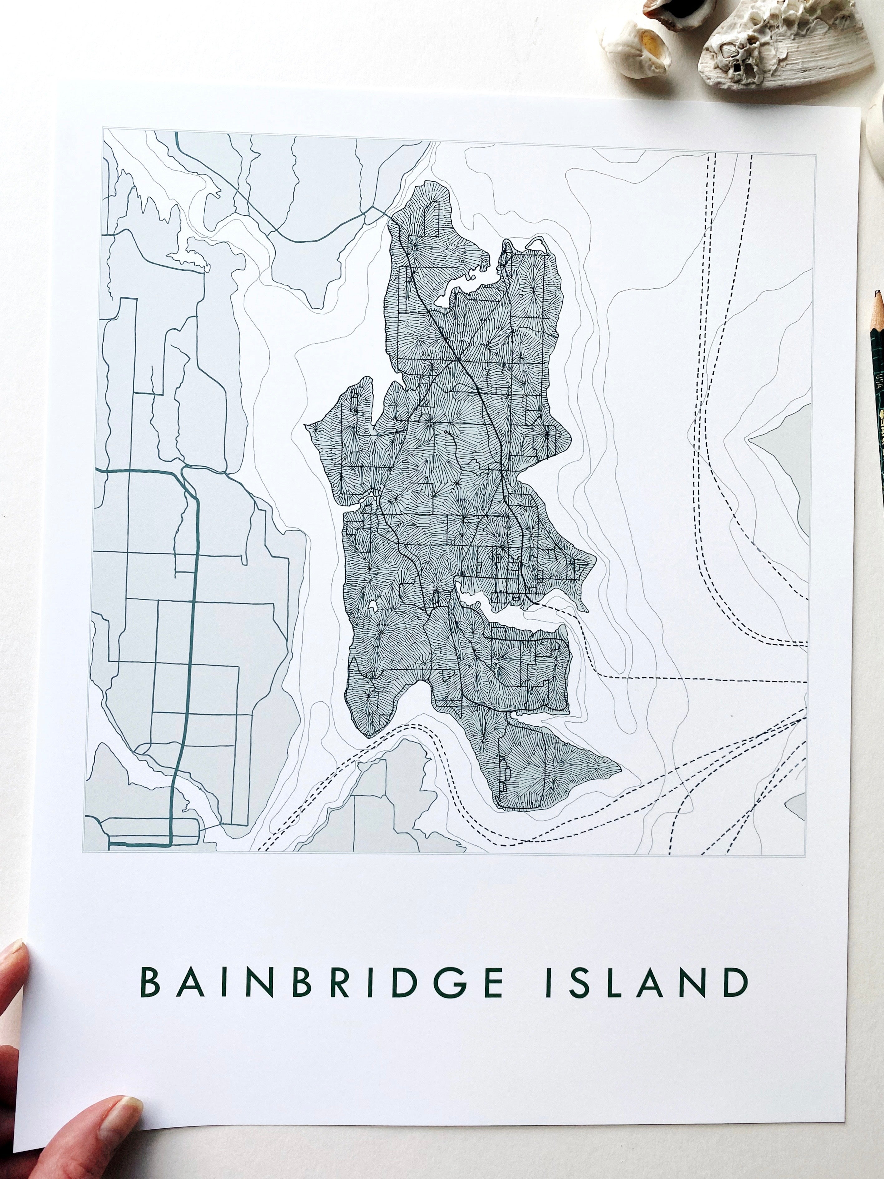 BAINBRIDGE ISLAND Washington Topographic Bathymetric Art Map: PRINT