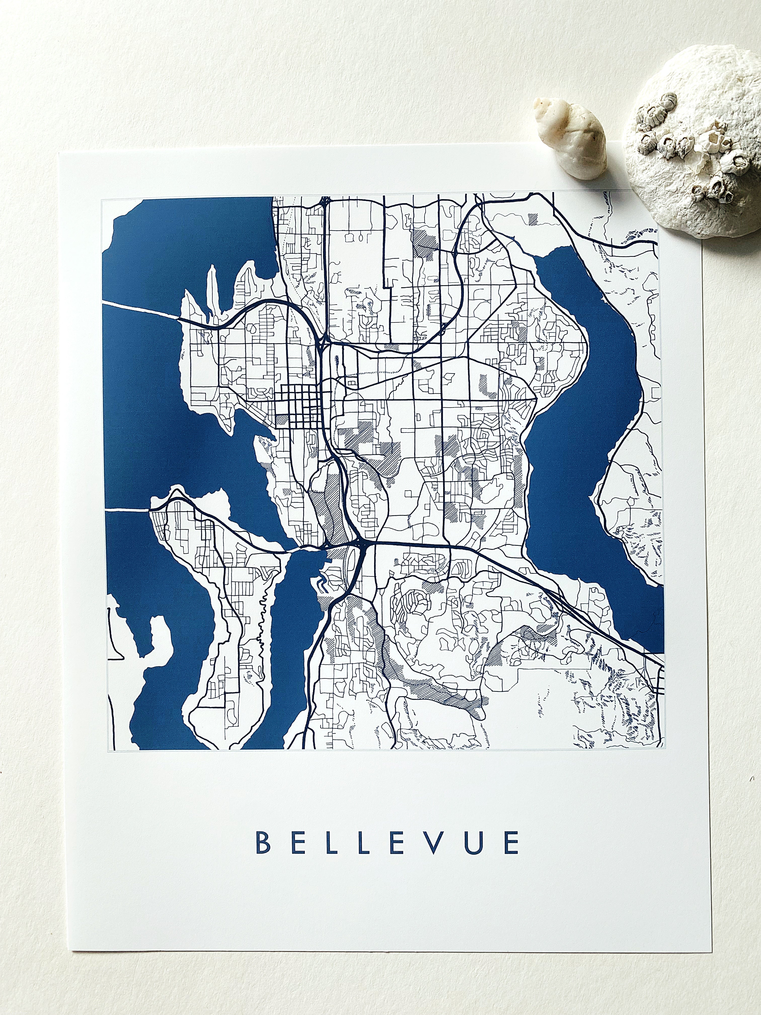 BELLEVUE Washington Hand Drawn "Blueprint" Map: PRINT