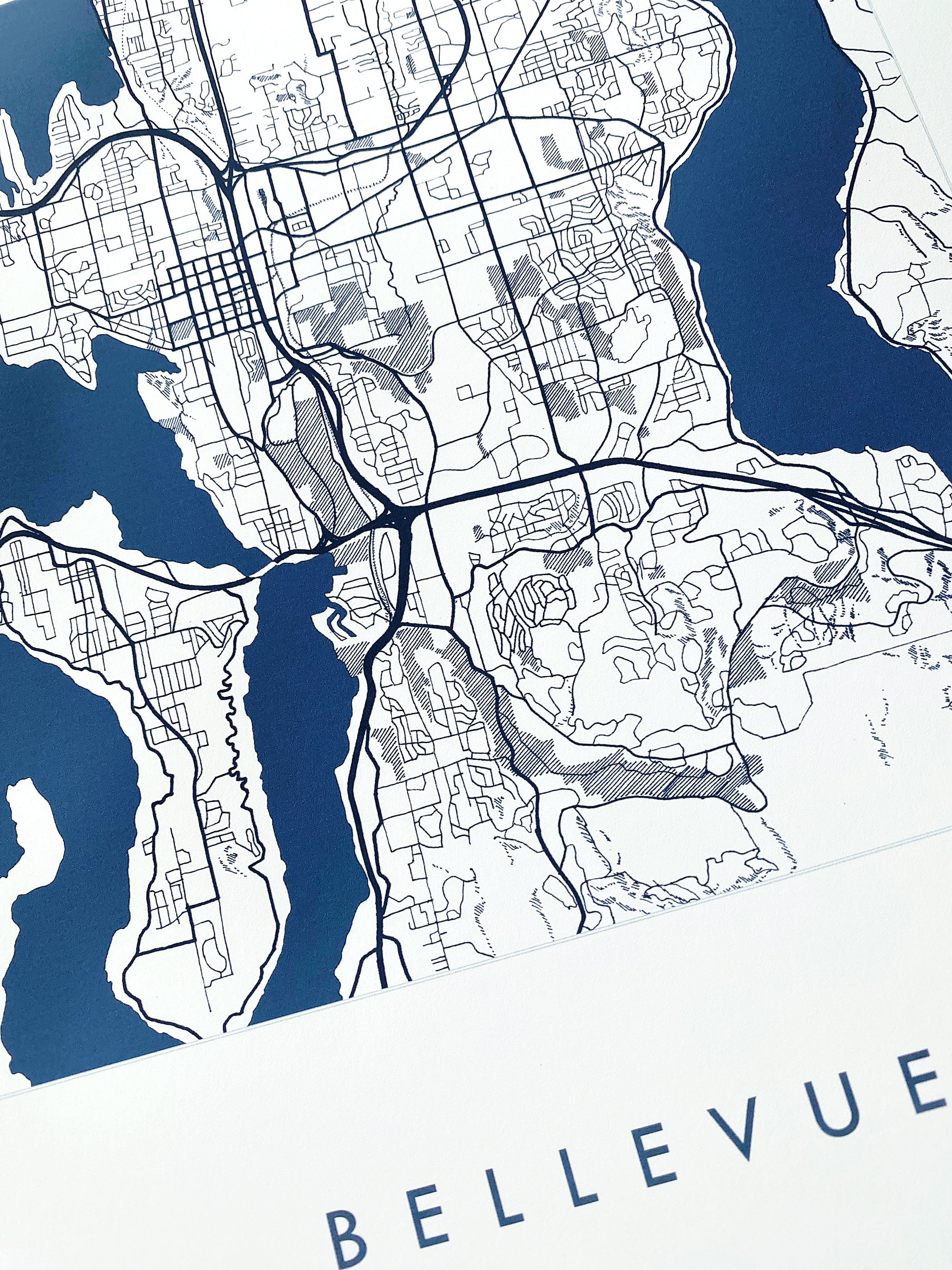 BELLEVUE Washington Hand Drawn "Blueprint" Map: PRINT