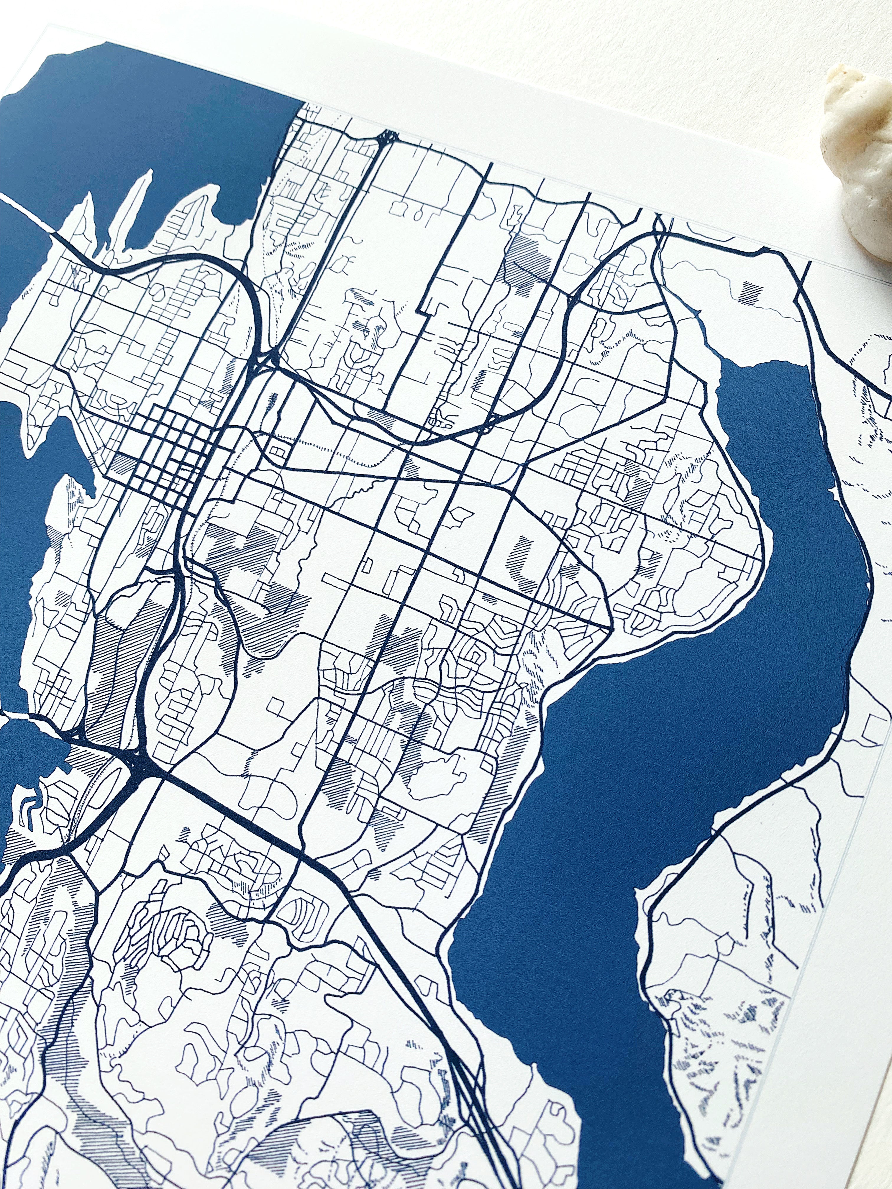 BELLEVUE Washington Hand Drawn "Blueprint" Map: PRINT