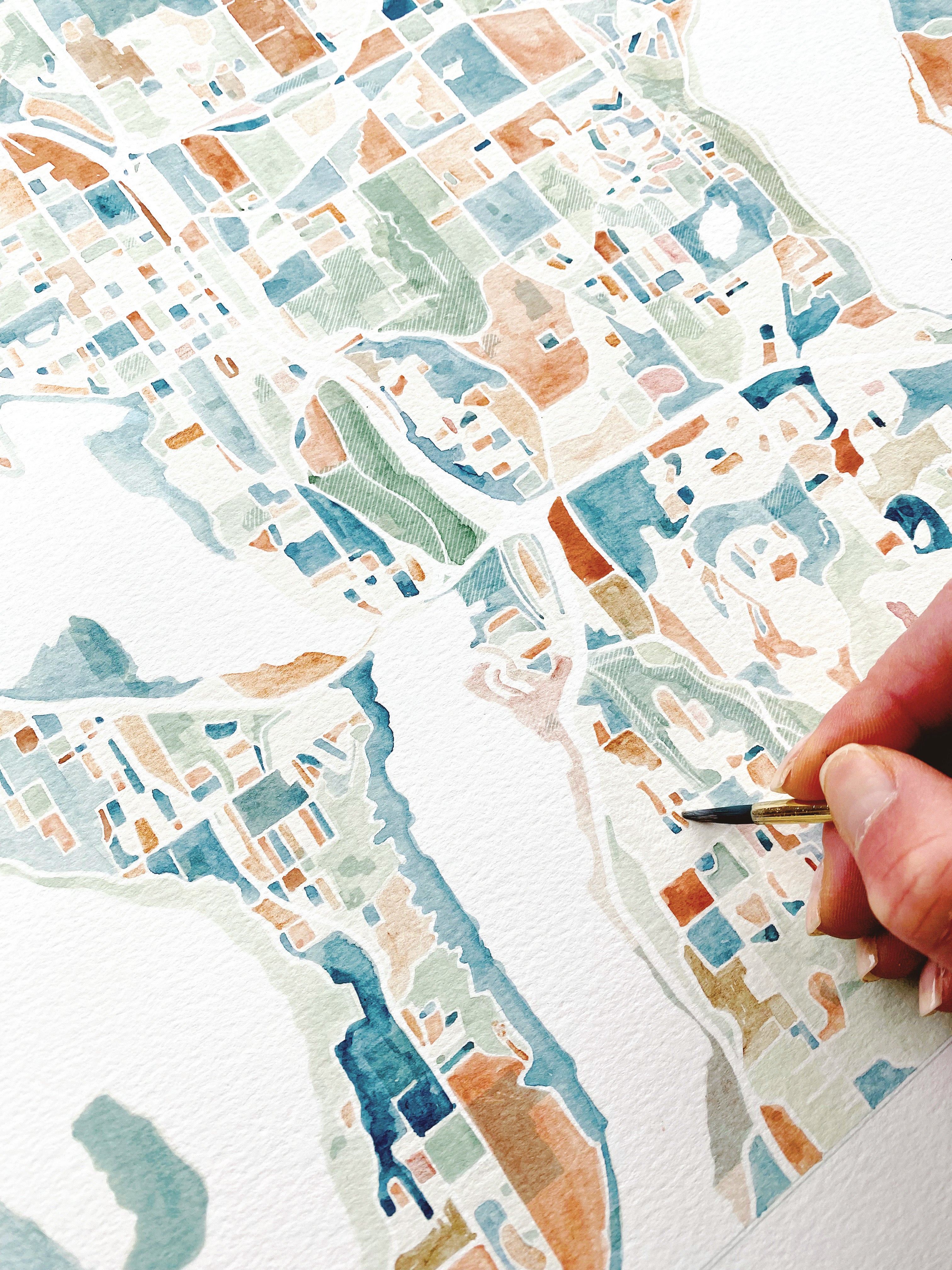 BELLEVUE Washington Watercolor City Blocks Map: ORIGINAL PAINTING