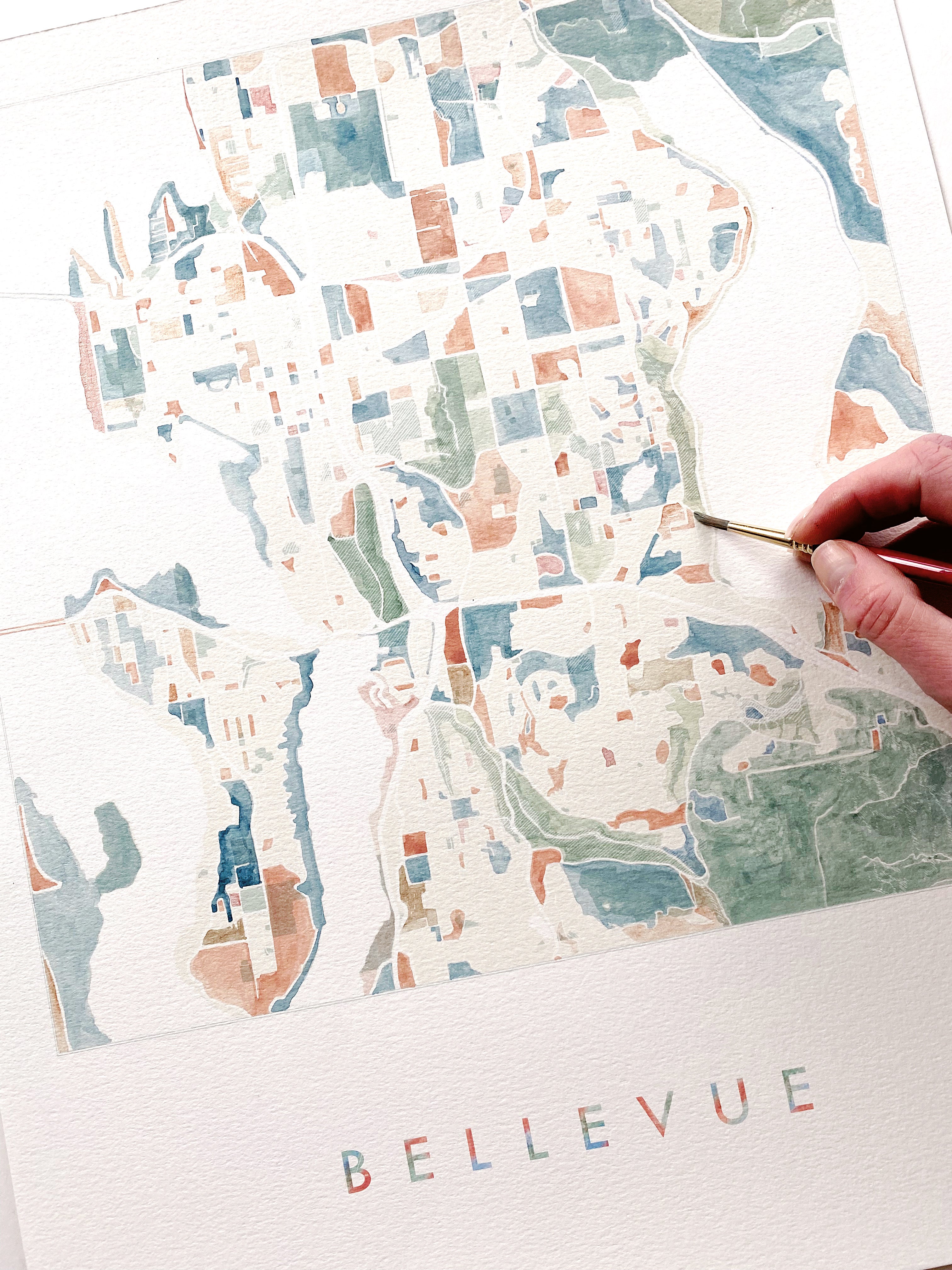 BELLEVUE Washington Watercolor City Blocks Map: PRINT