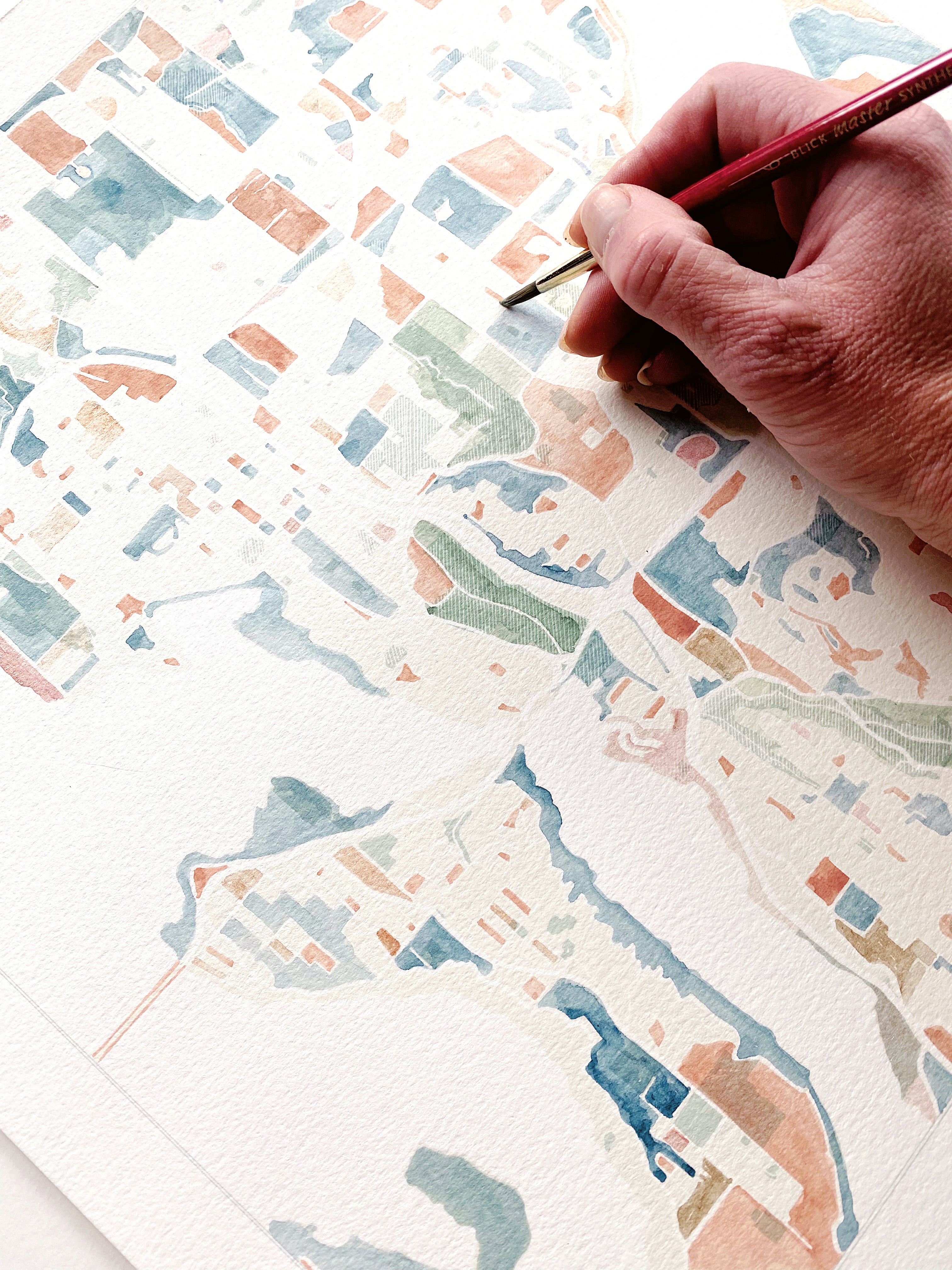 BELLEVUE Washington Watercolor City Blocks Map: ORIGINAL PAINTING