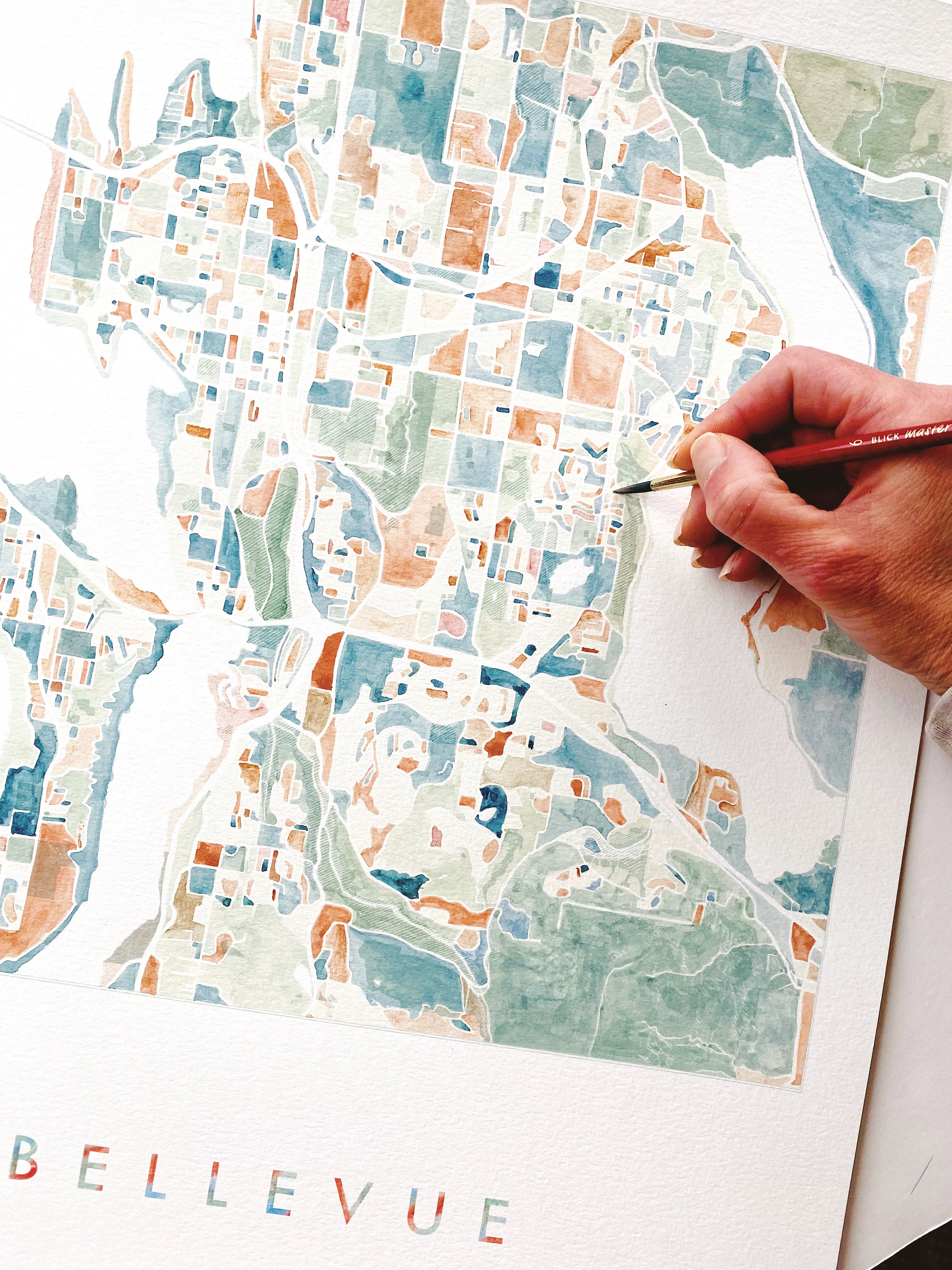 BELLEVUE Washington Watercolor City Blocks Map: PRINT