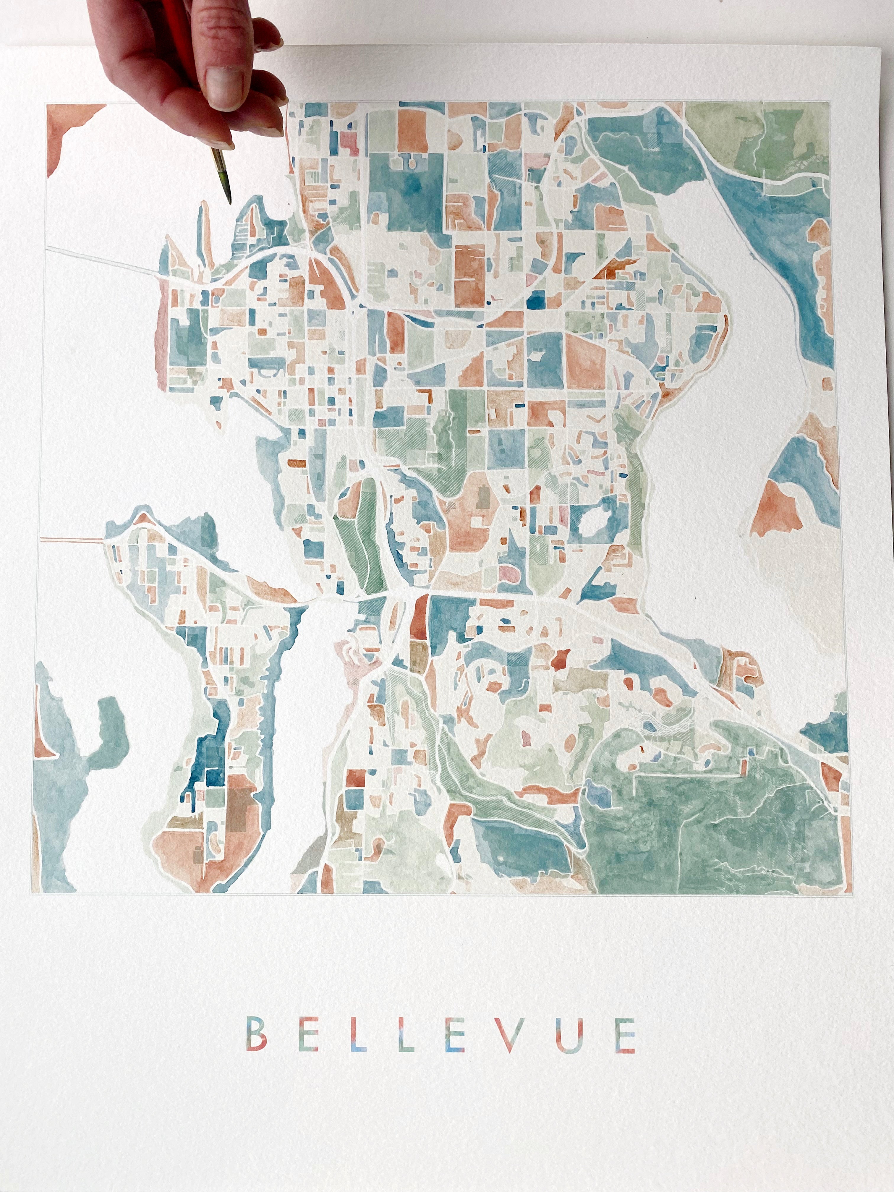 BELLEVUE Washington Watercolor City Blocks Map: ORIGINAL PAINTING