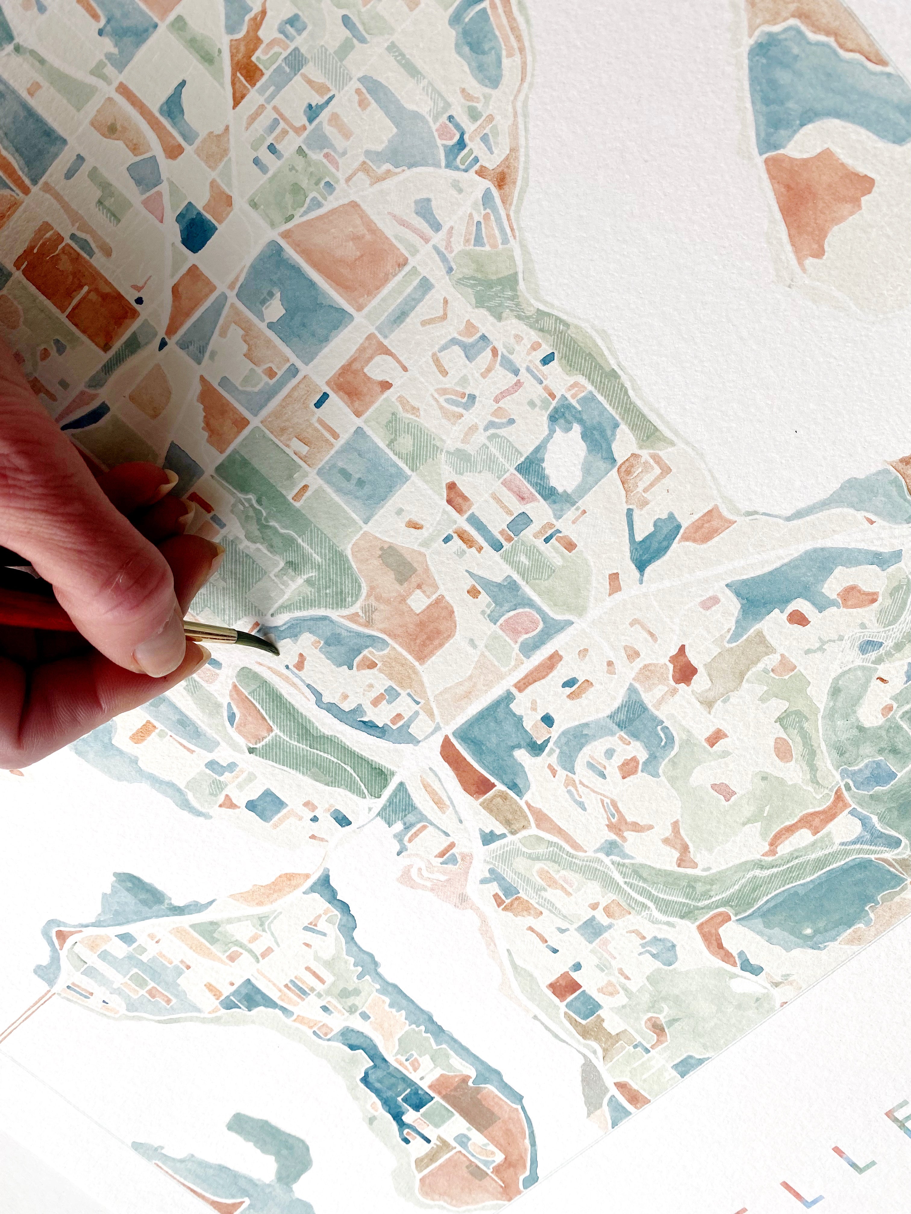 BELLEVUE Washington Watercolor City Blocks Map: ORIGINAL PAINTING