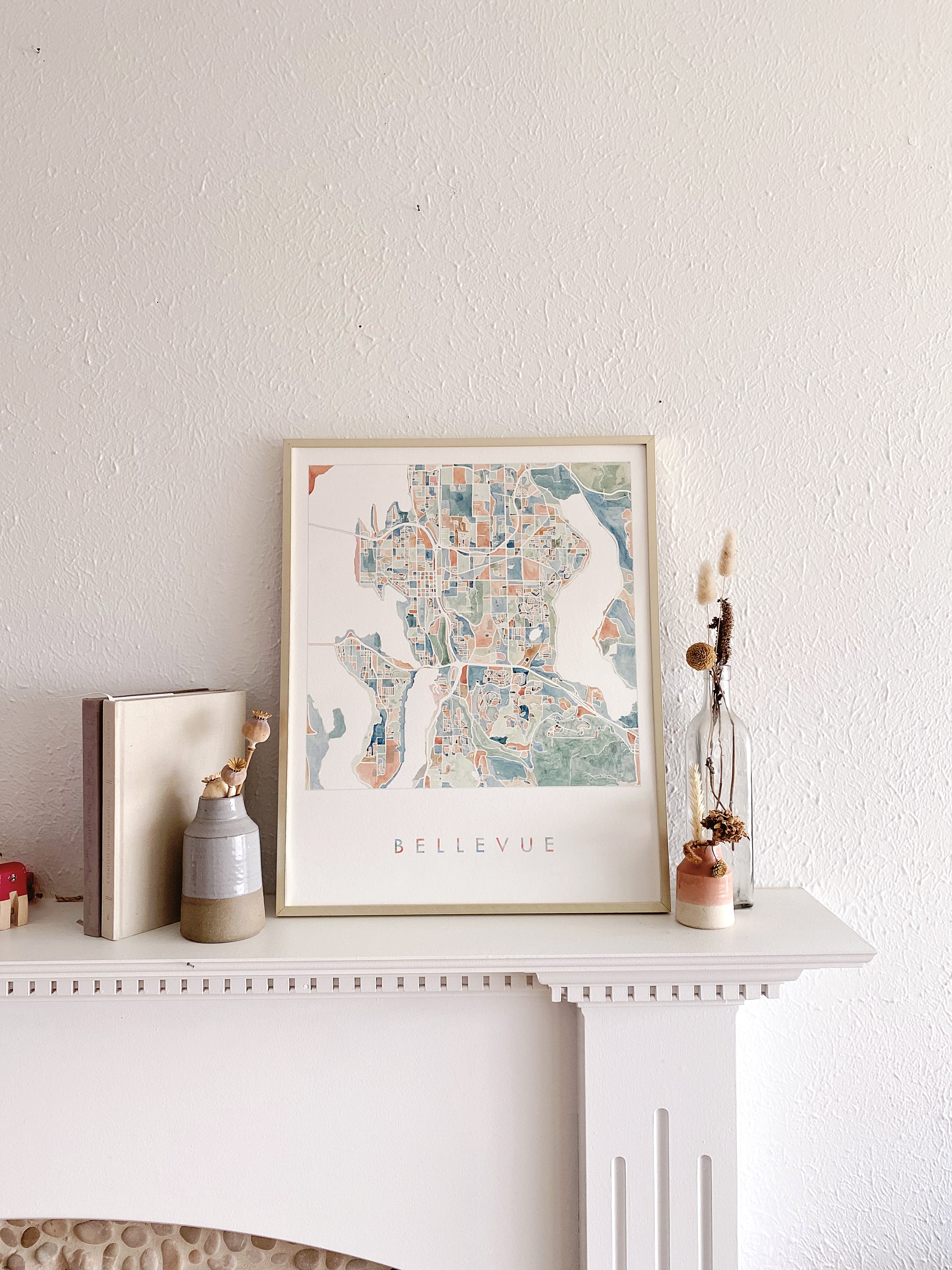 BELLEVUE Washington Watercolor City Blocks Map: ORIGINAL PAINTING