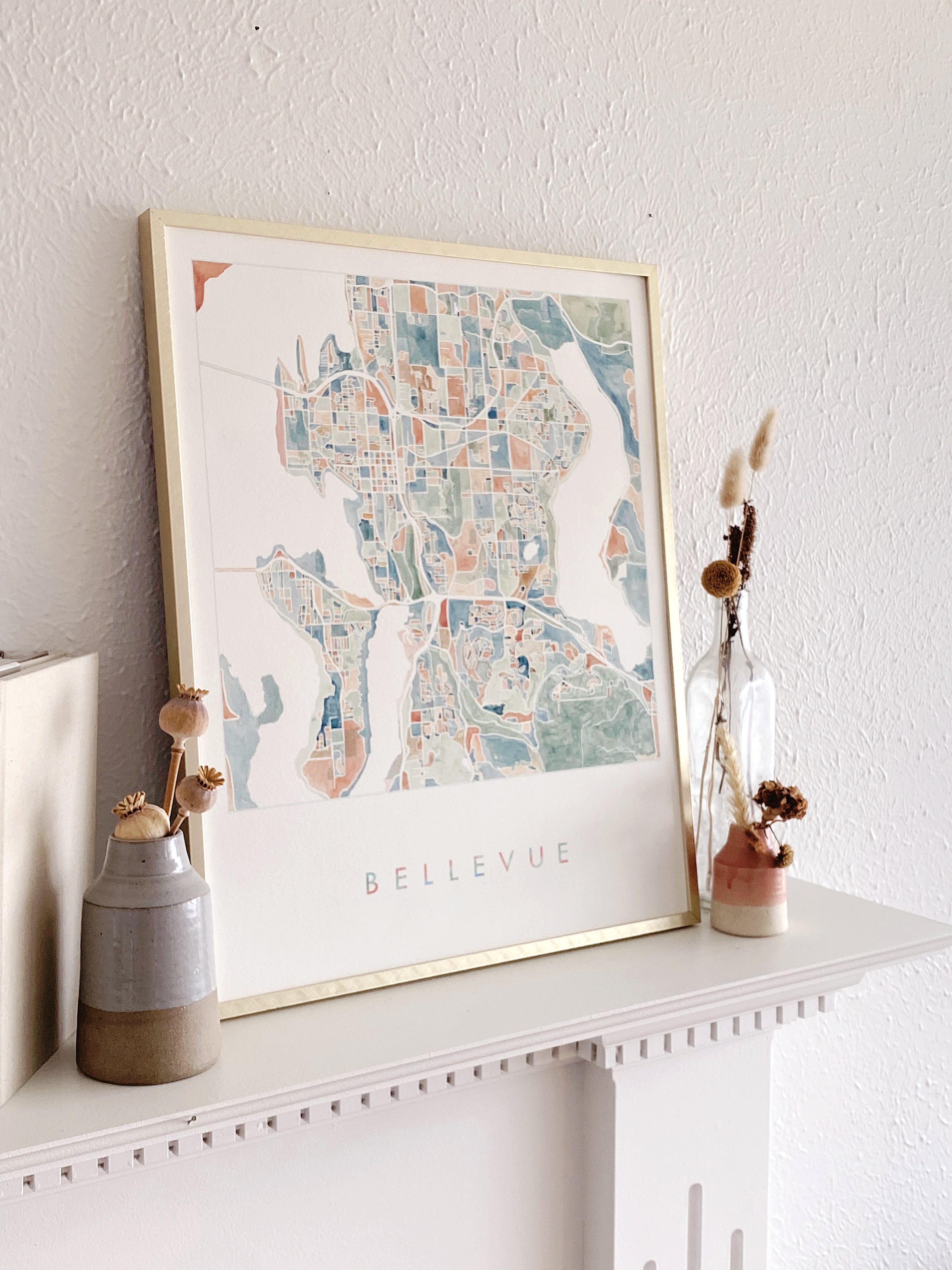 BELLEVUE Washington Watercolor City Blocks Map: ORIGINAL PAINTING