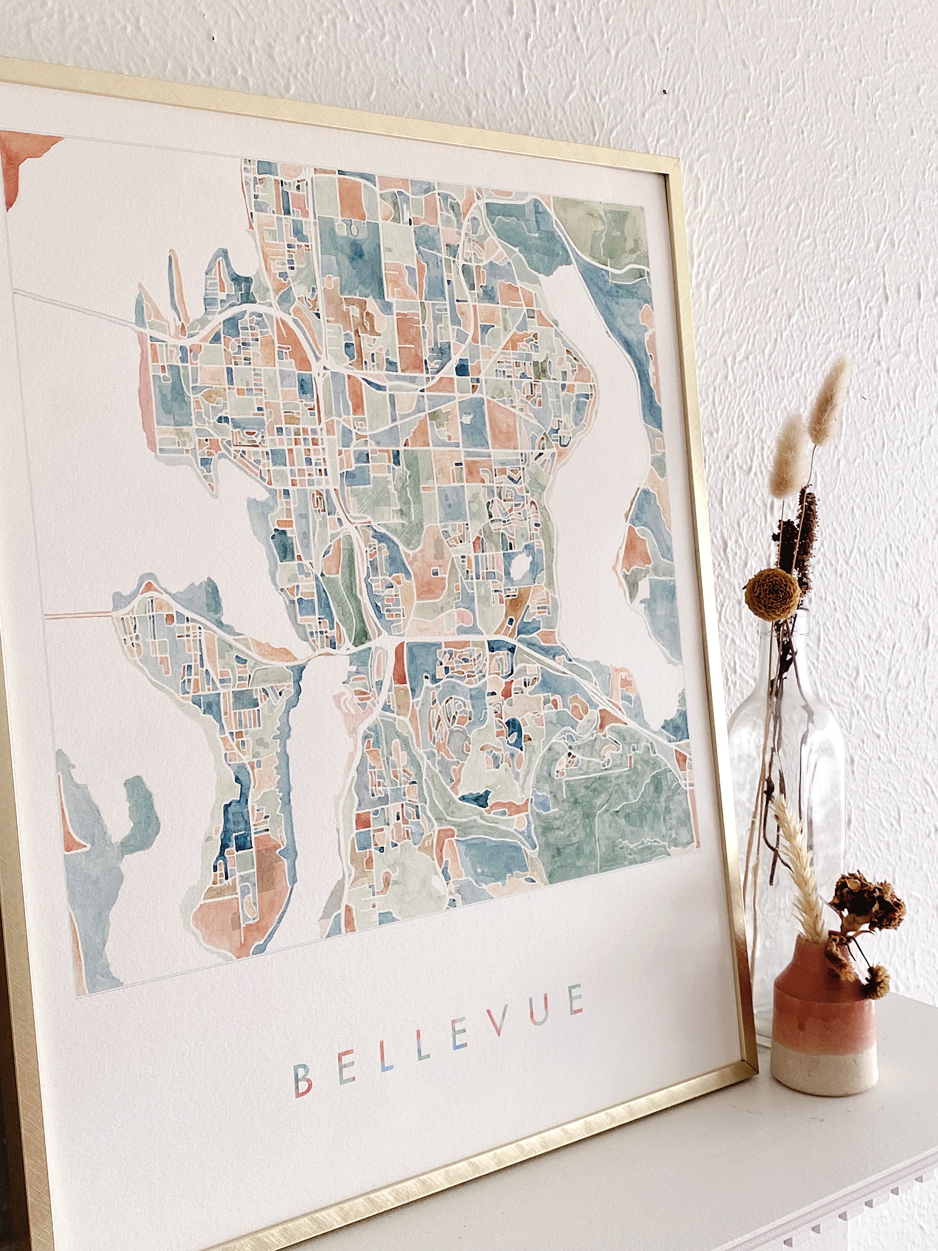 BELLEVUE Washington Watercolor City Blocks Map: ORIGINAL PAINTING