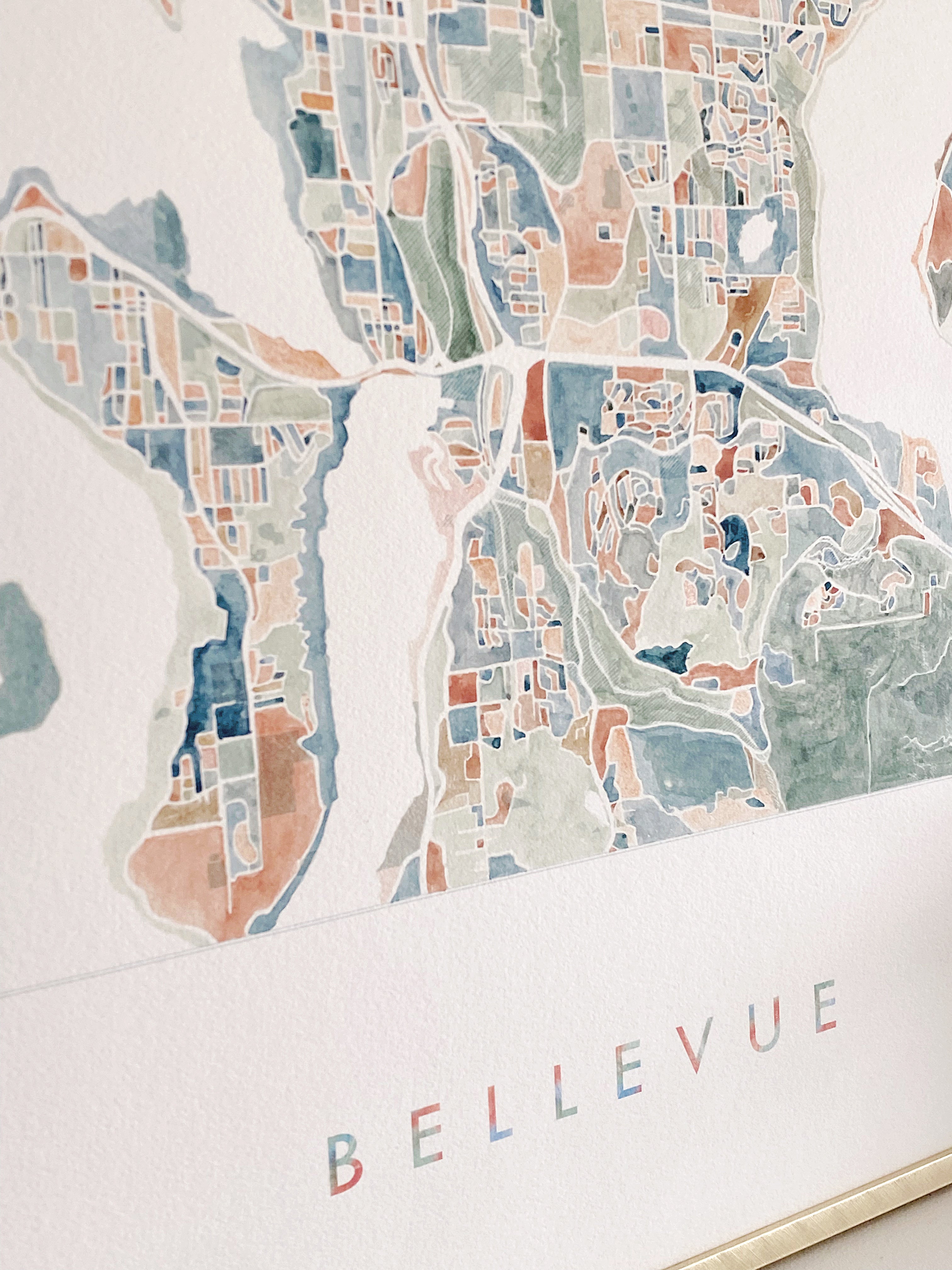 BELLEVUE Washington Watercolor City Blocks Map: ORIGINAL PAINTING