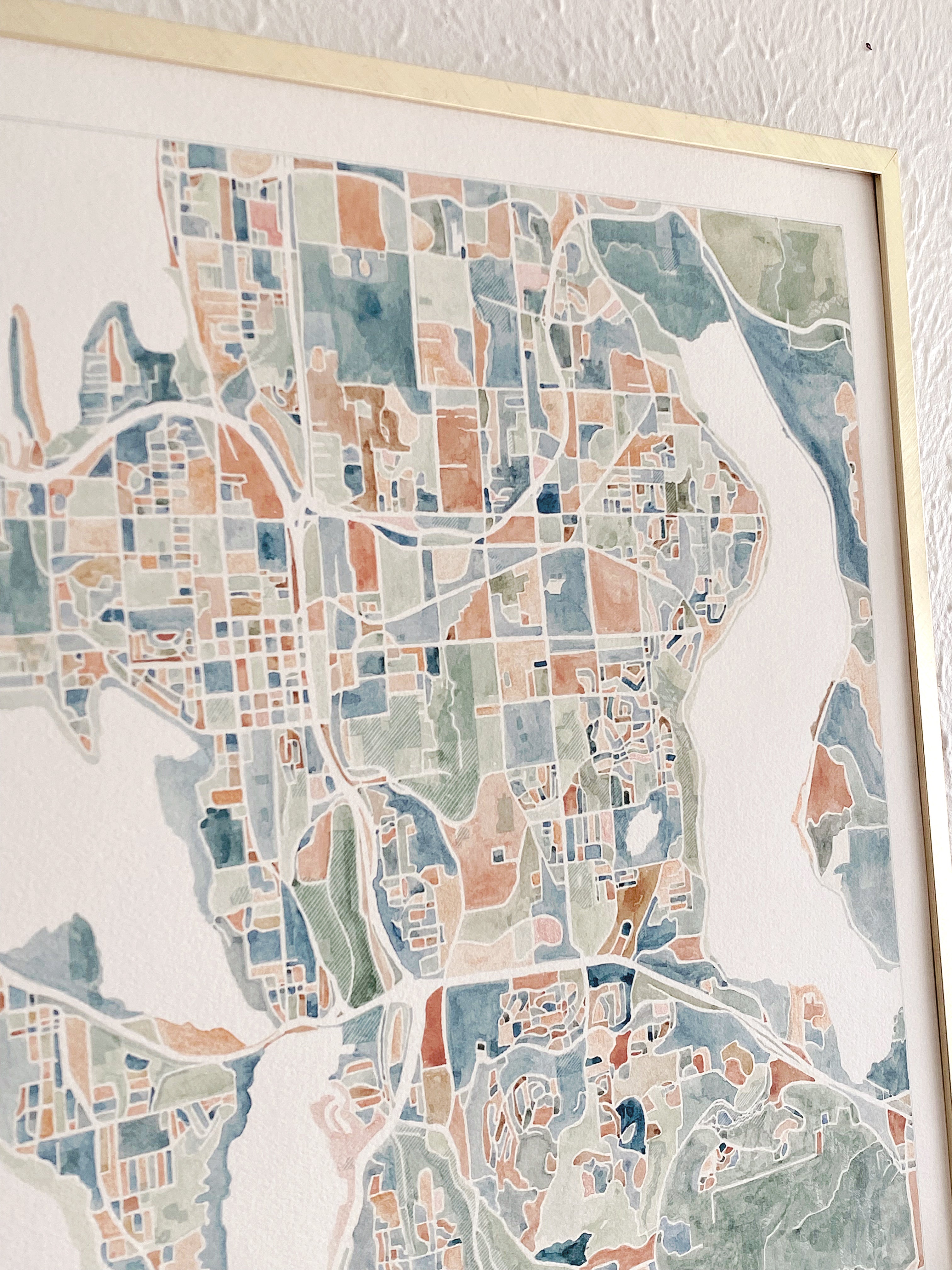 BELLEVUE Washington Watercolor City Blocks Map: ORIGINAL PAINTING
