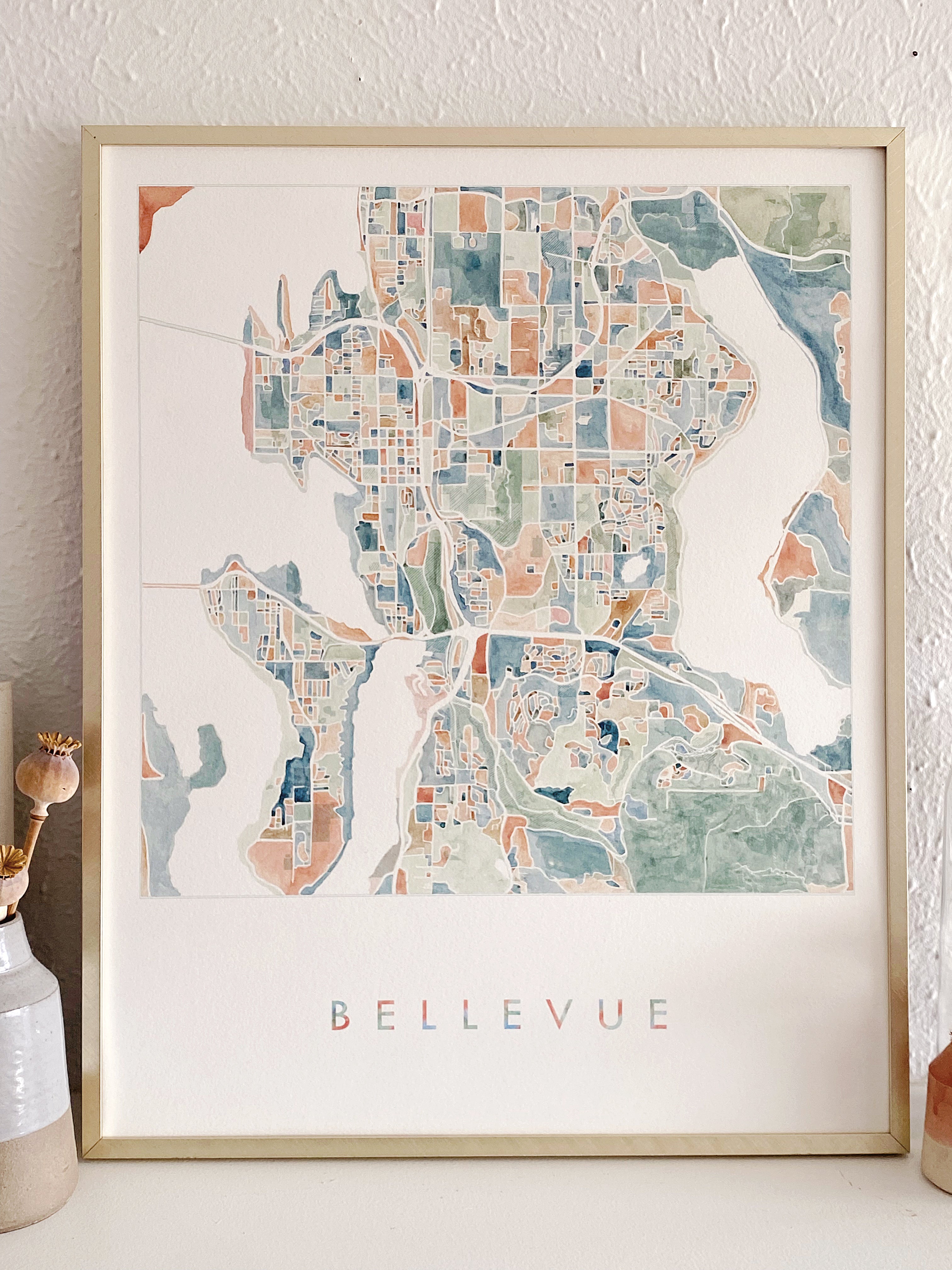 BELLEVUE Washington Watercolor City Blocks Map: ORIGINAL PAINTING