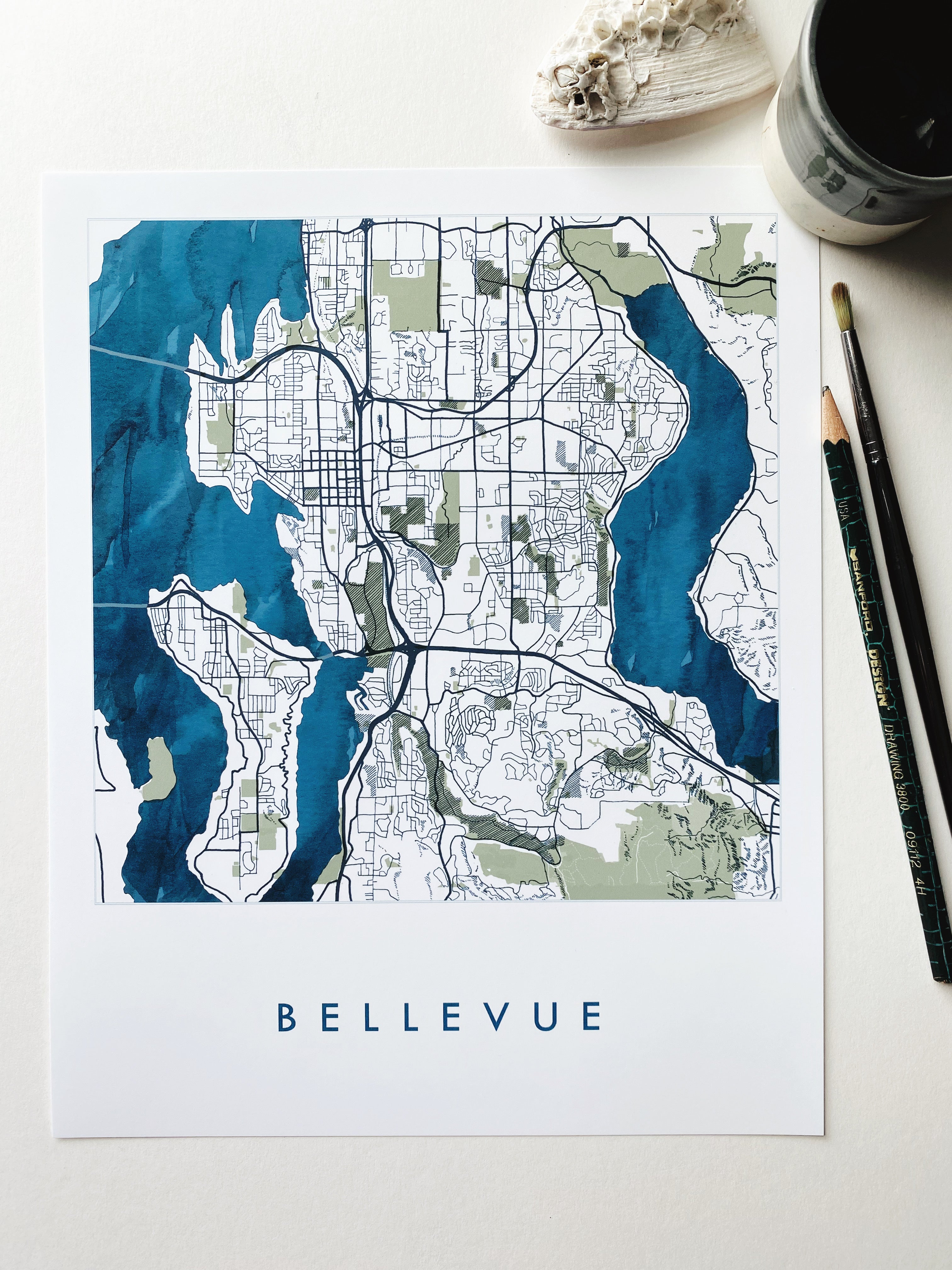 BELLEVUE Washington Watercolor Wash Art Map: PRINT (blue)