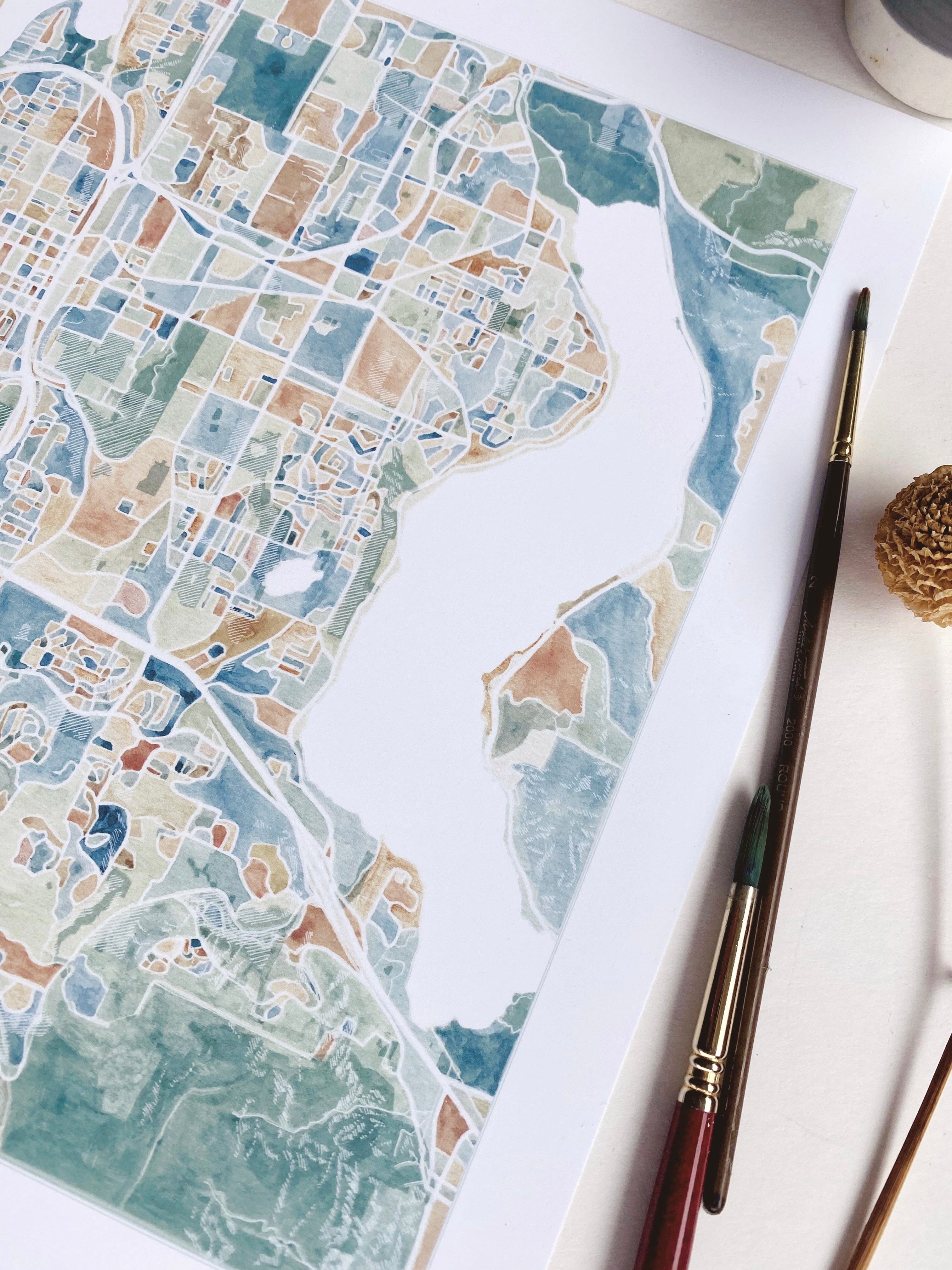 BELLEVUE Washington Watercolor City Blocks Map: PRINT