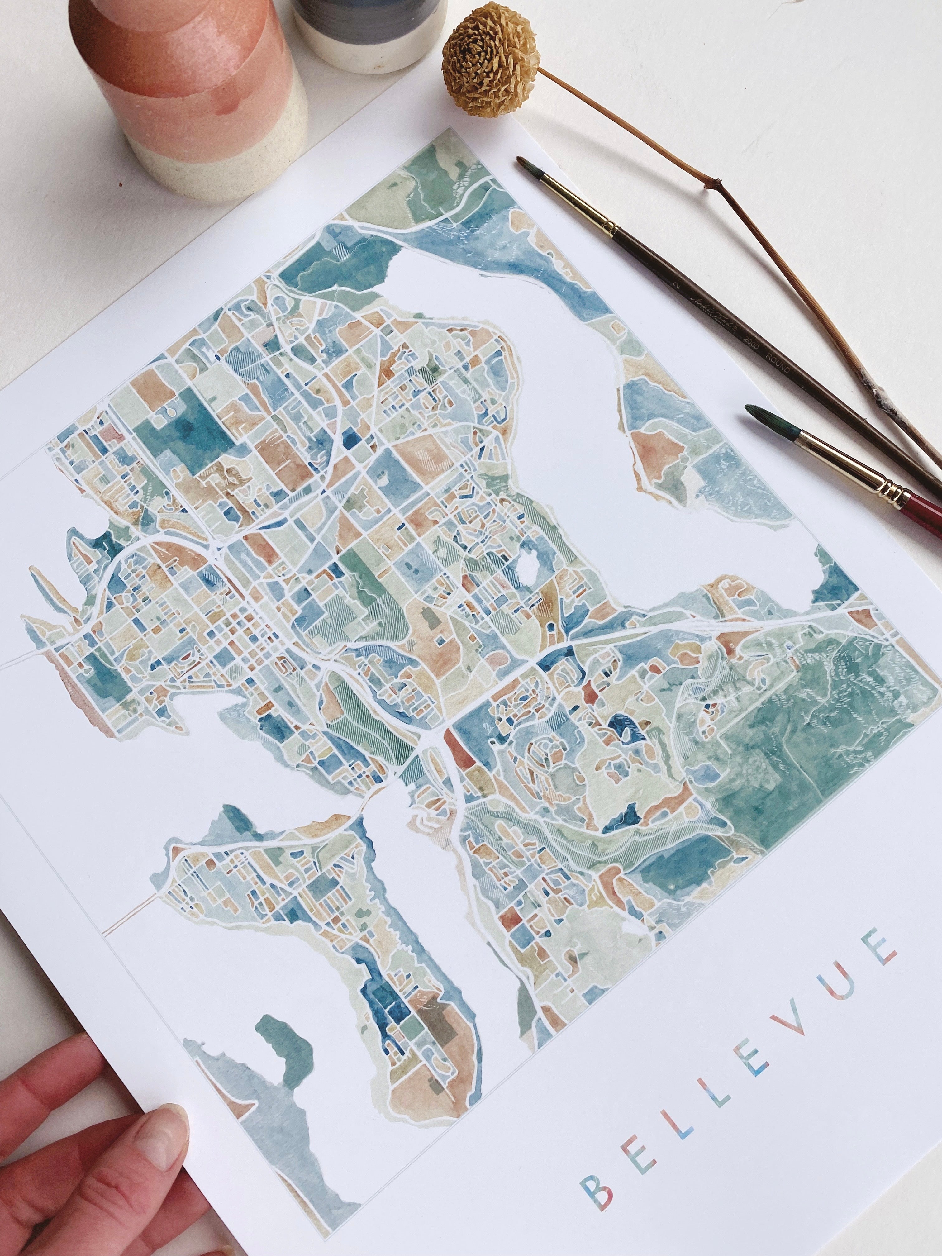 BELLEVUE Washington Watercolor City Blocks Map: PRINT