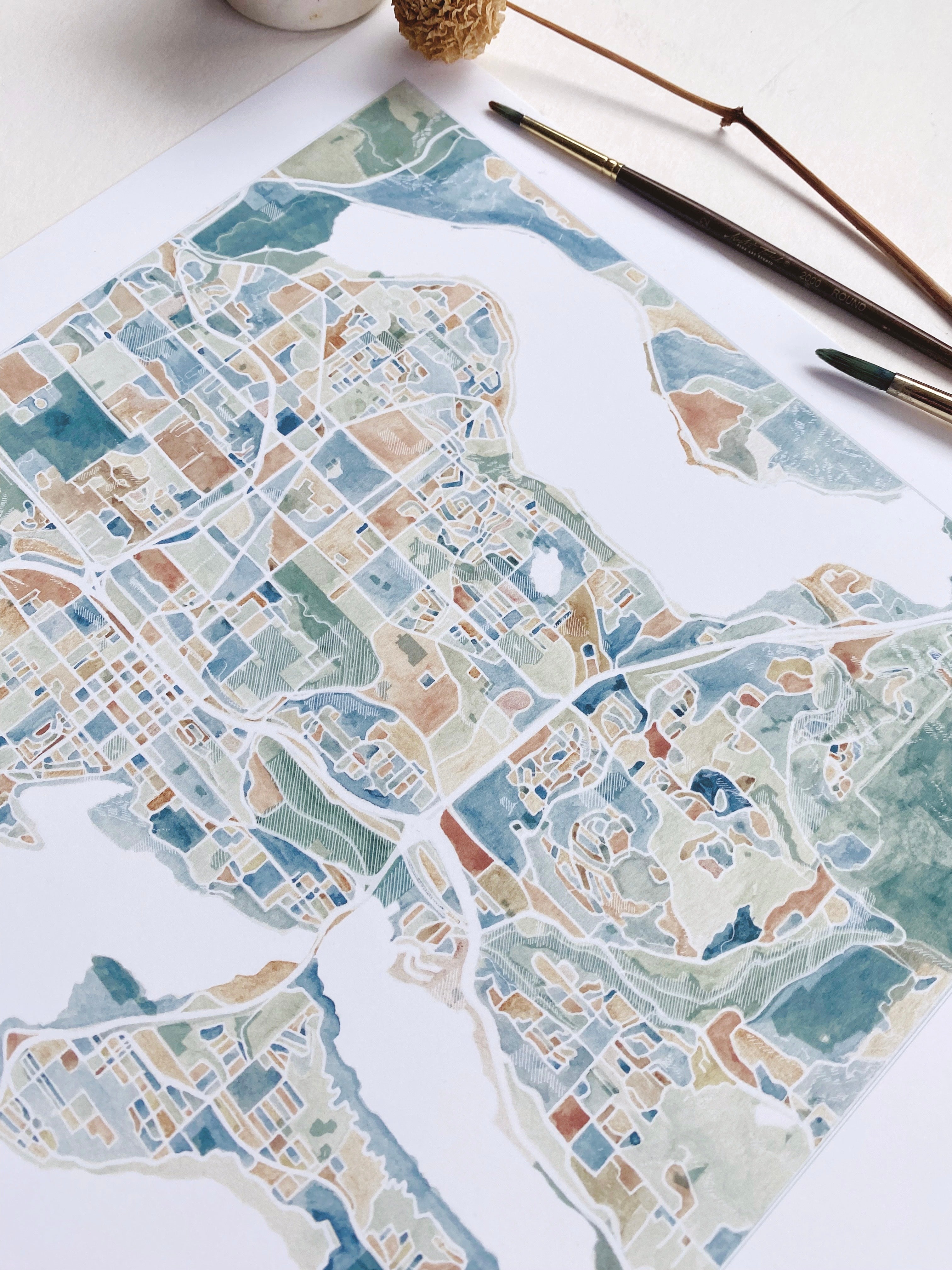 BELLEVUE Washington Watercolor City Blocks Map: PRINT