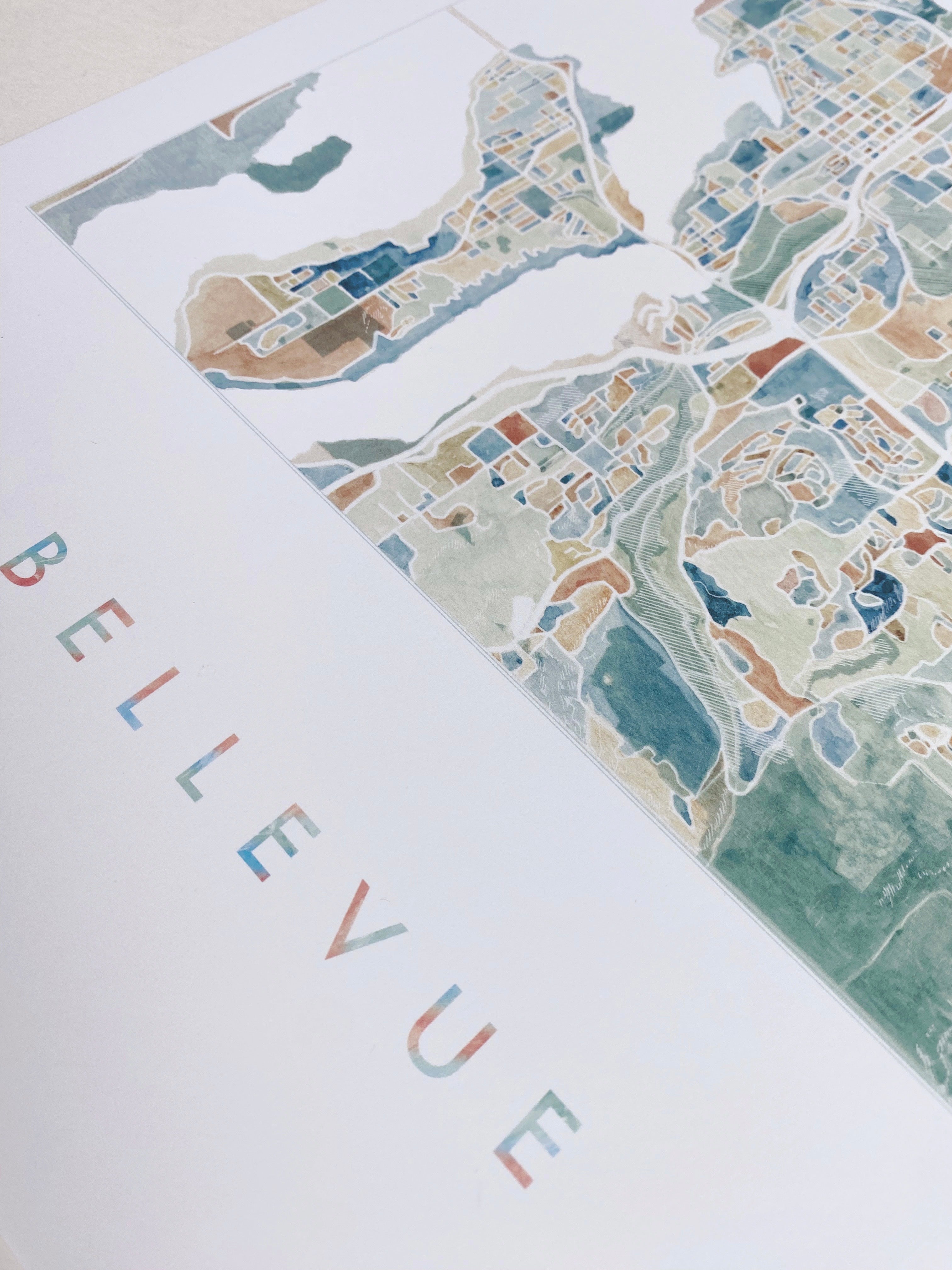 BELLEVUE Washington Watercolor City Blocks Map: PRINT