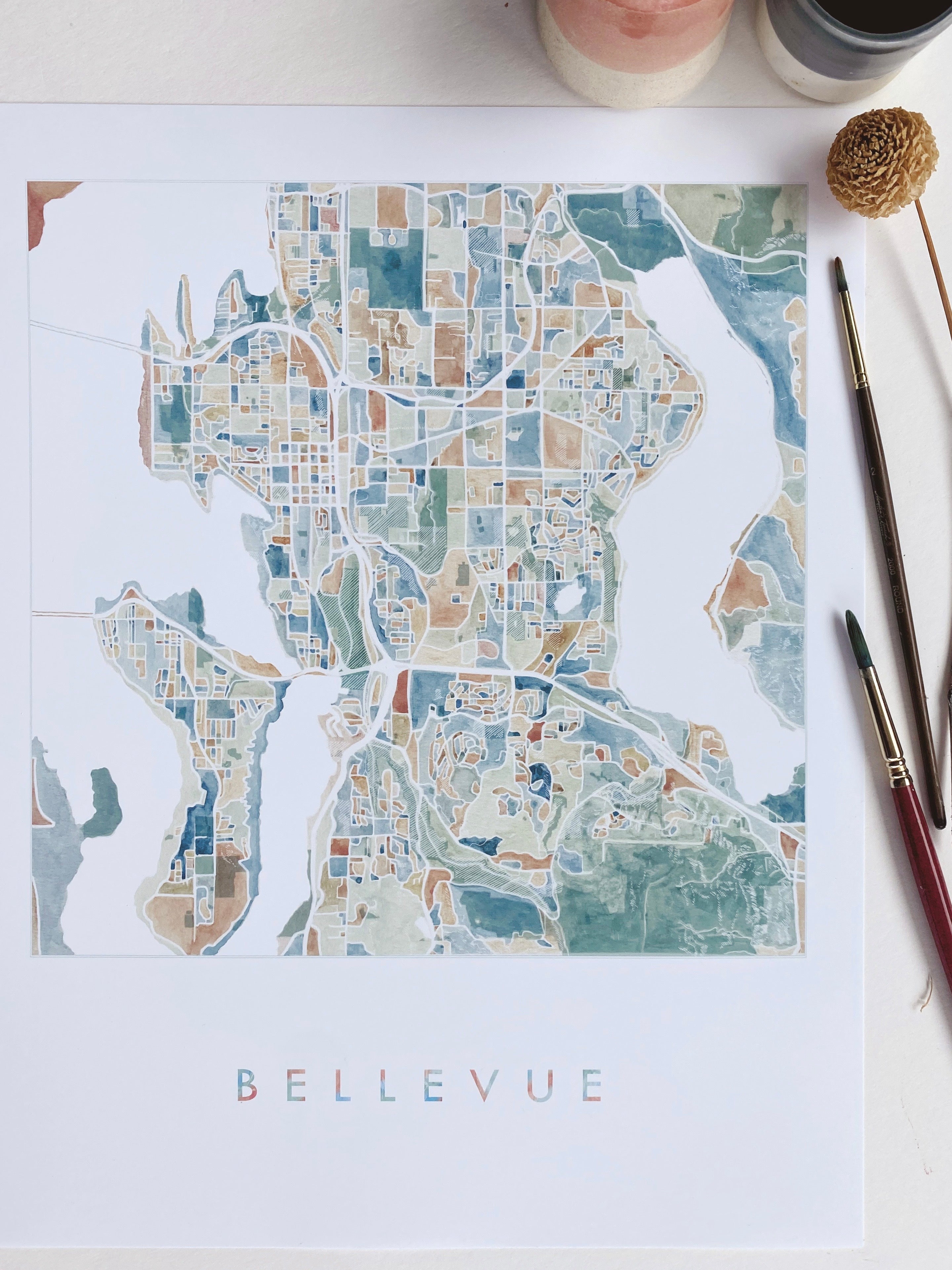 BELLEVUE Washington Watercolor City Blocks Map: PRINT