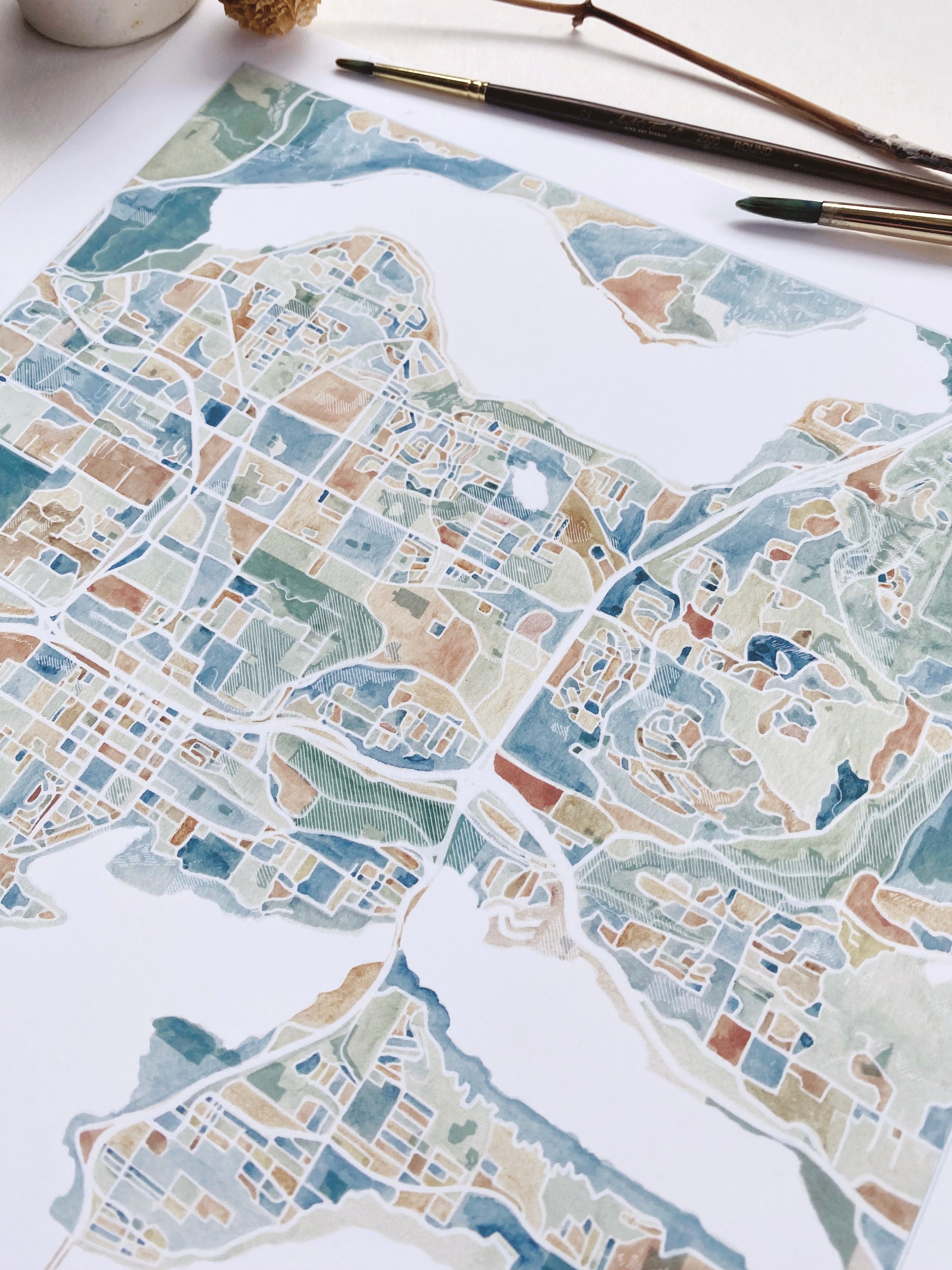 BELLEVUE Washington Watercolor City Blocks Map: PRINT