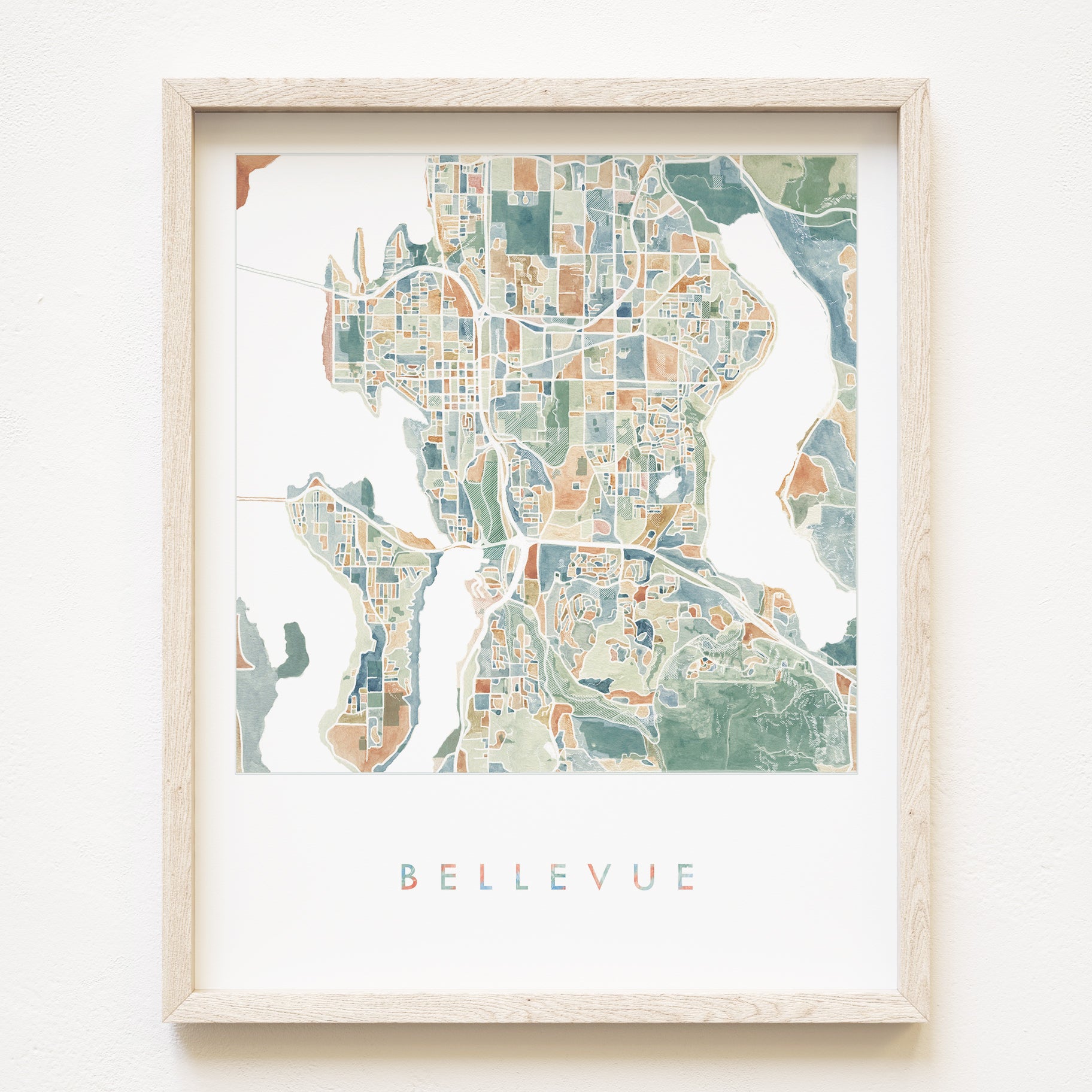 BELLEVUE Washington Watercolor City Blocks Map: PRINT