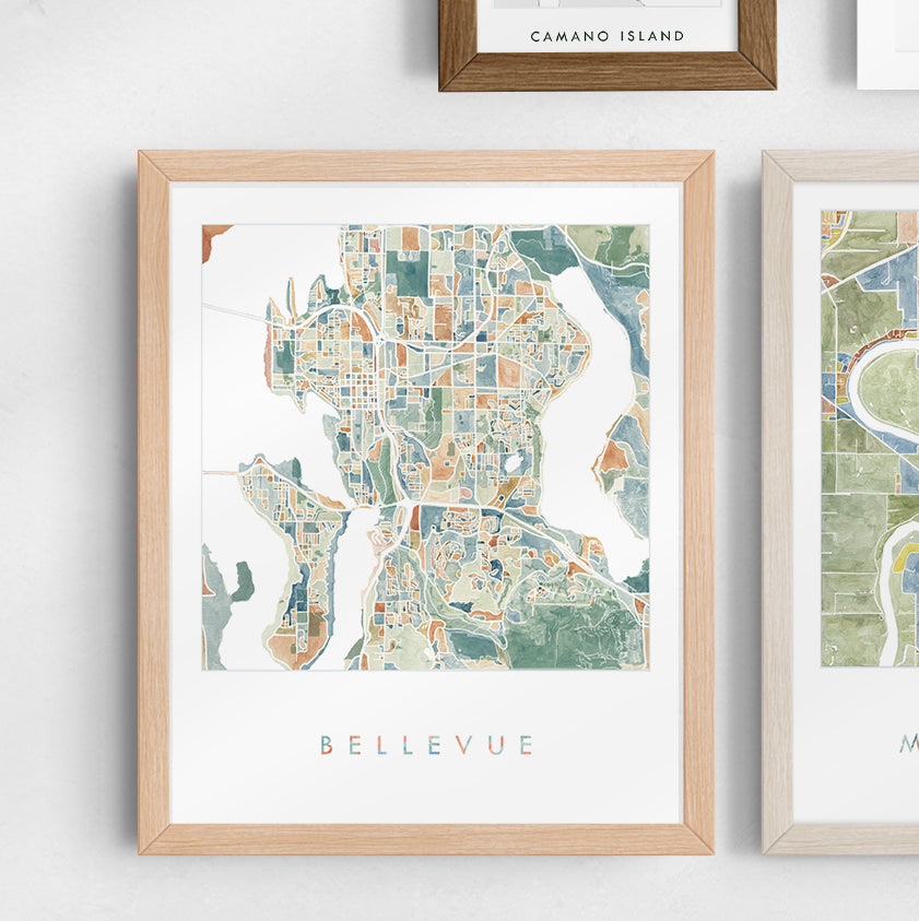 BELLEVUE Washington Watercolor City Blocks Map: PRINT