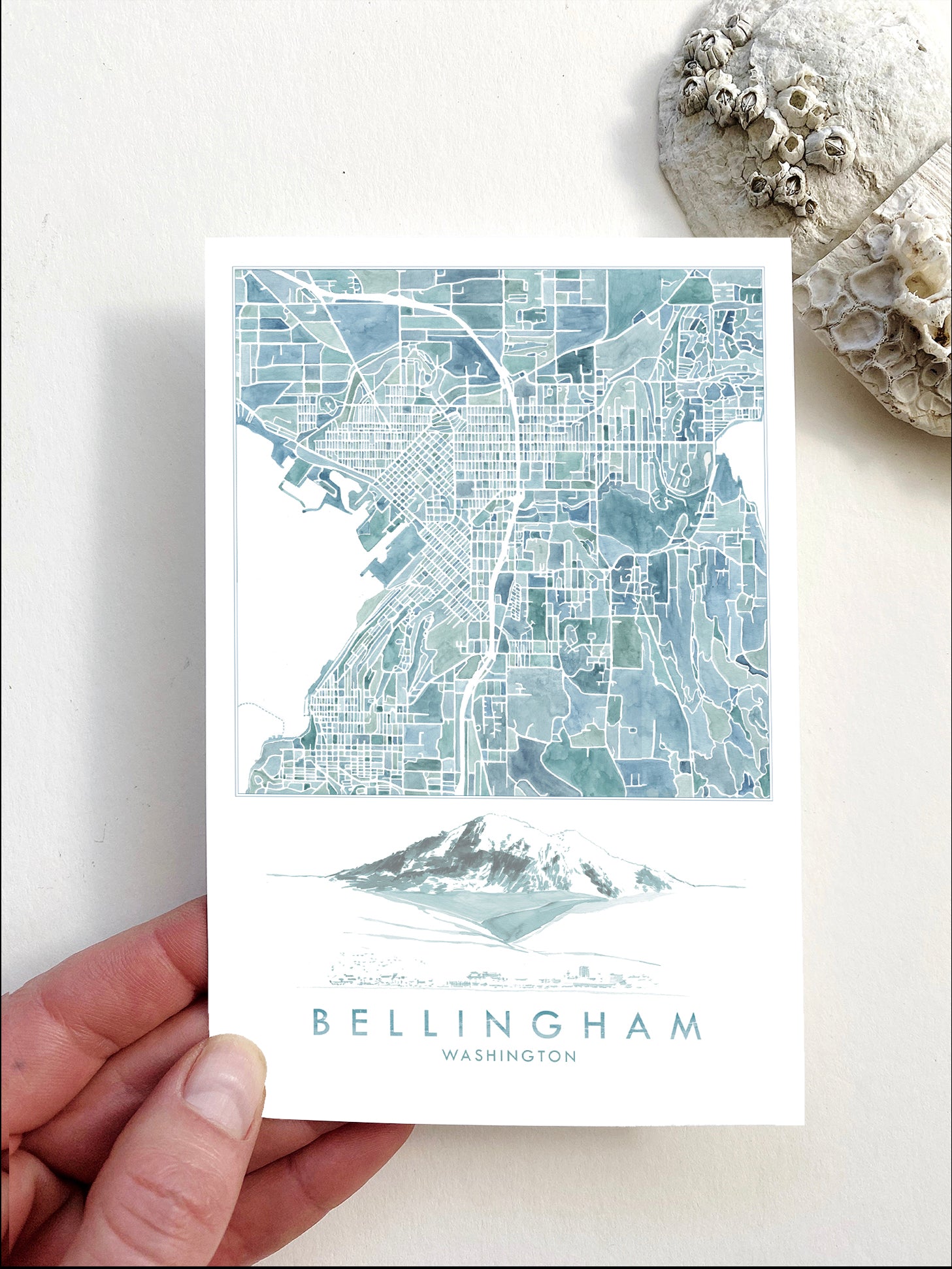 BELLINGHAM + Mount Baker WA Watercolor City Map Postcard