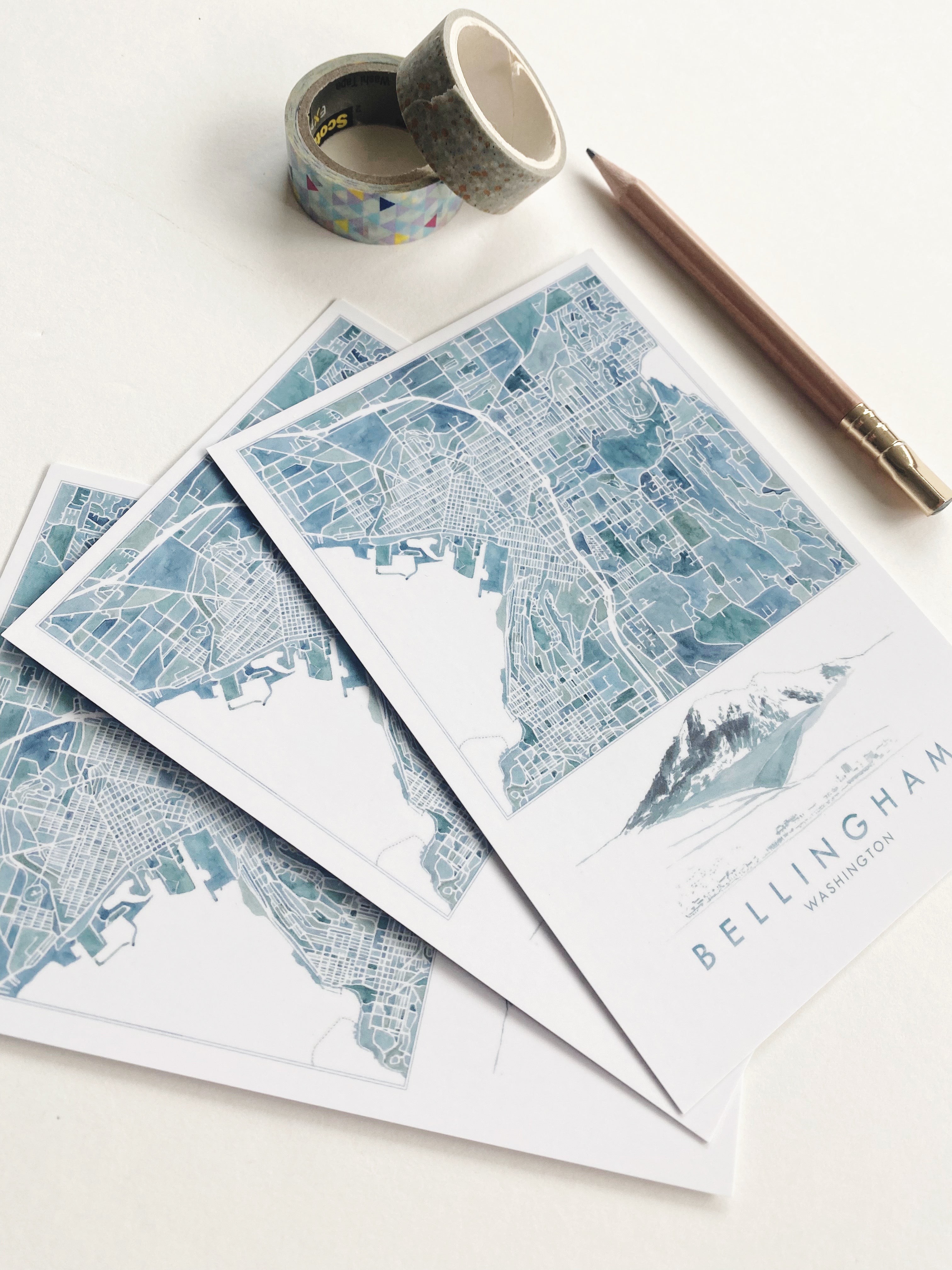 BELLINGHAM + Mount Baker WA Watercolor City Map Postcard