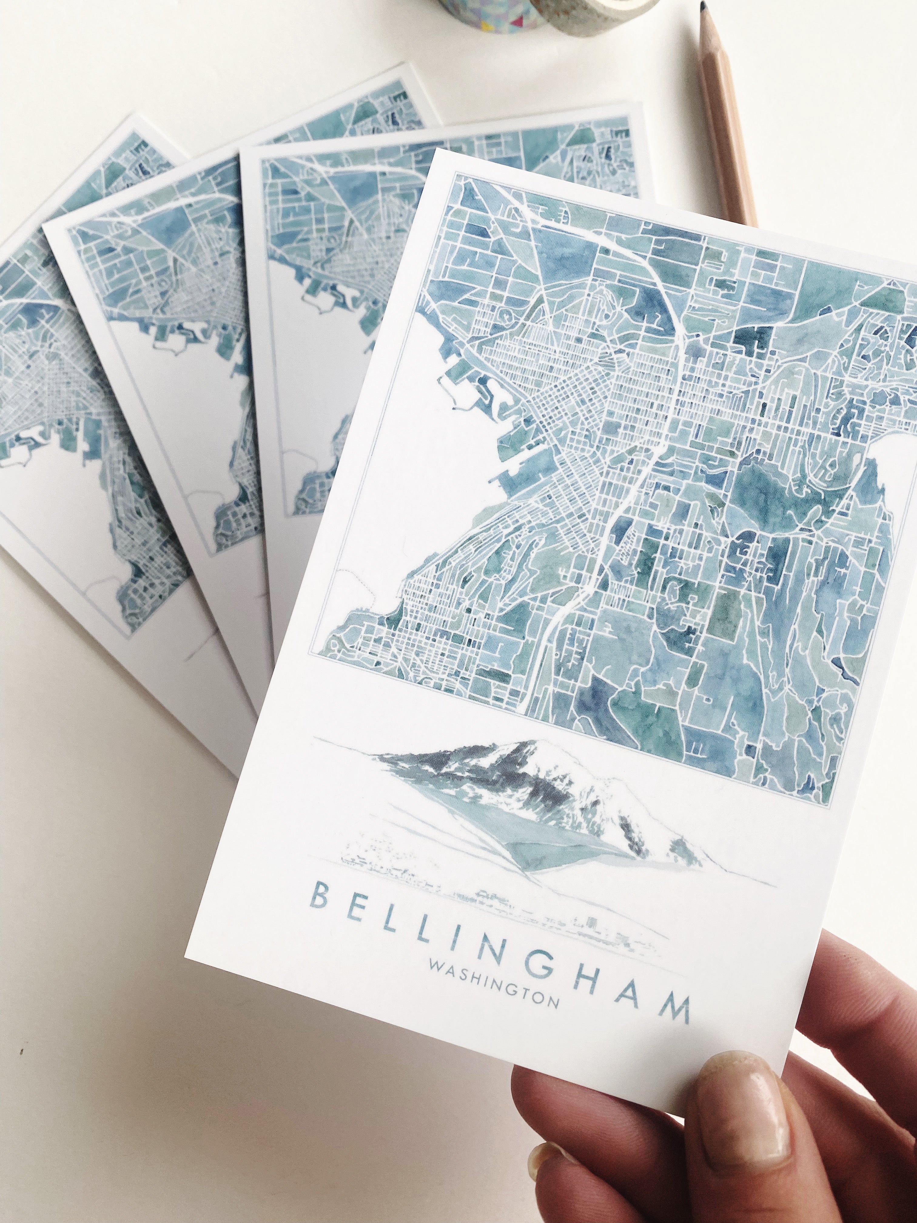 BELLINGHAM + Mount Baker WA Watercolor City Map Postcard