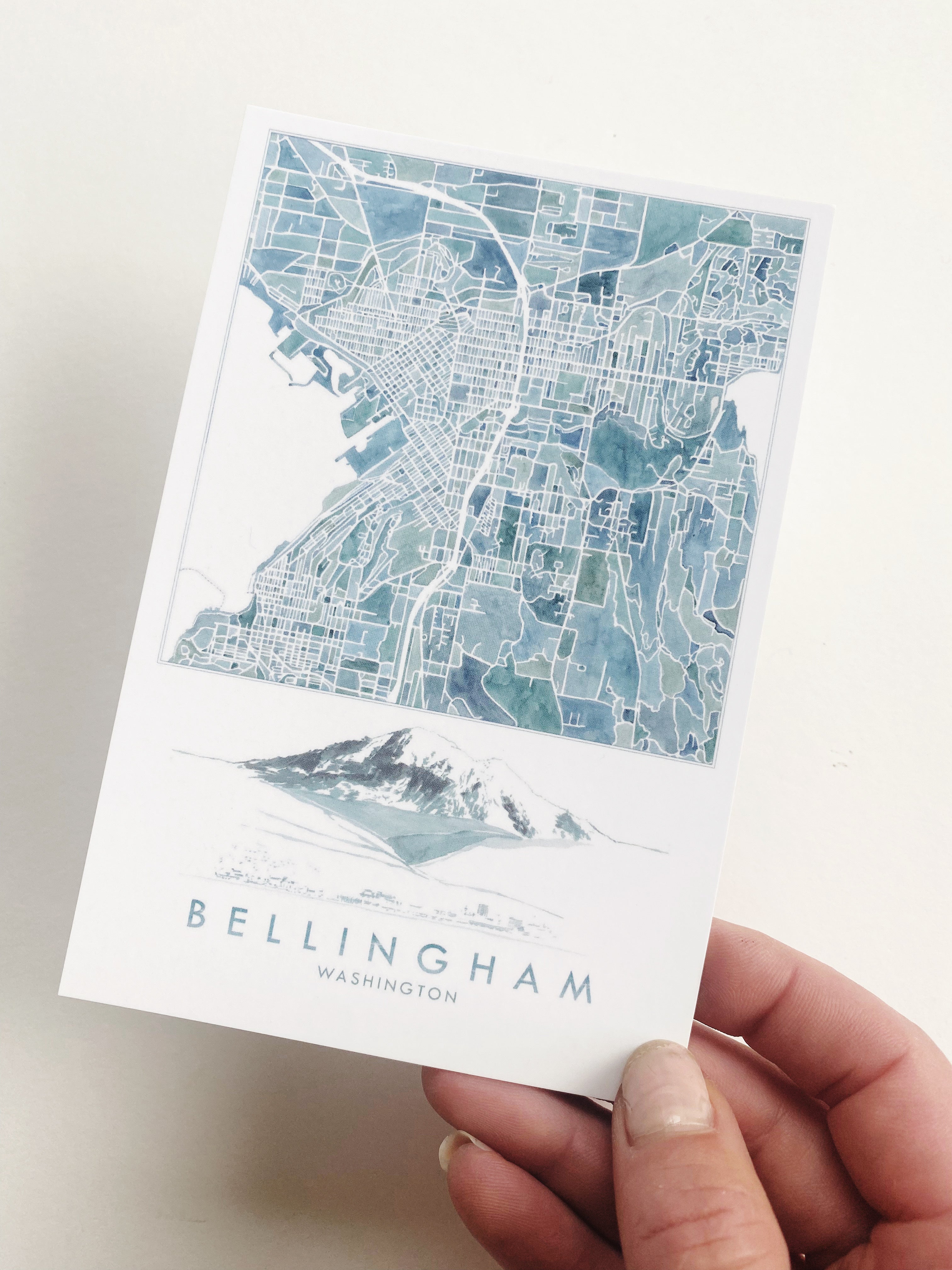 BELLINGHAM + Mount Baker WA Watercolor City Map Postcard