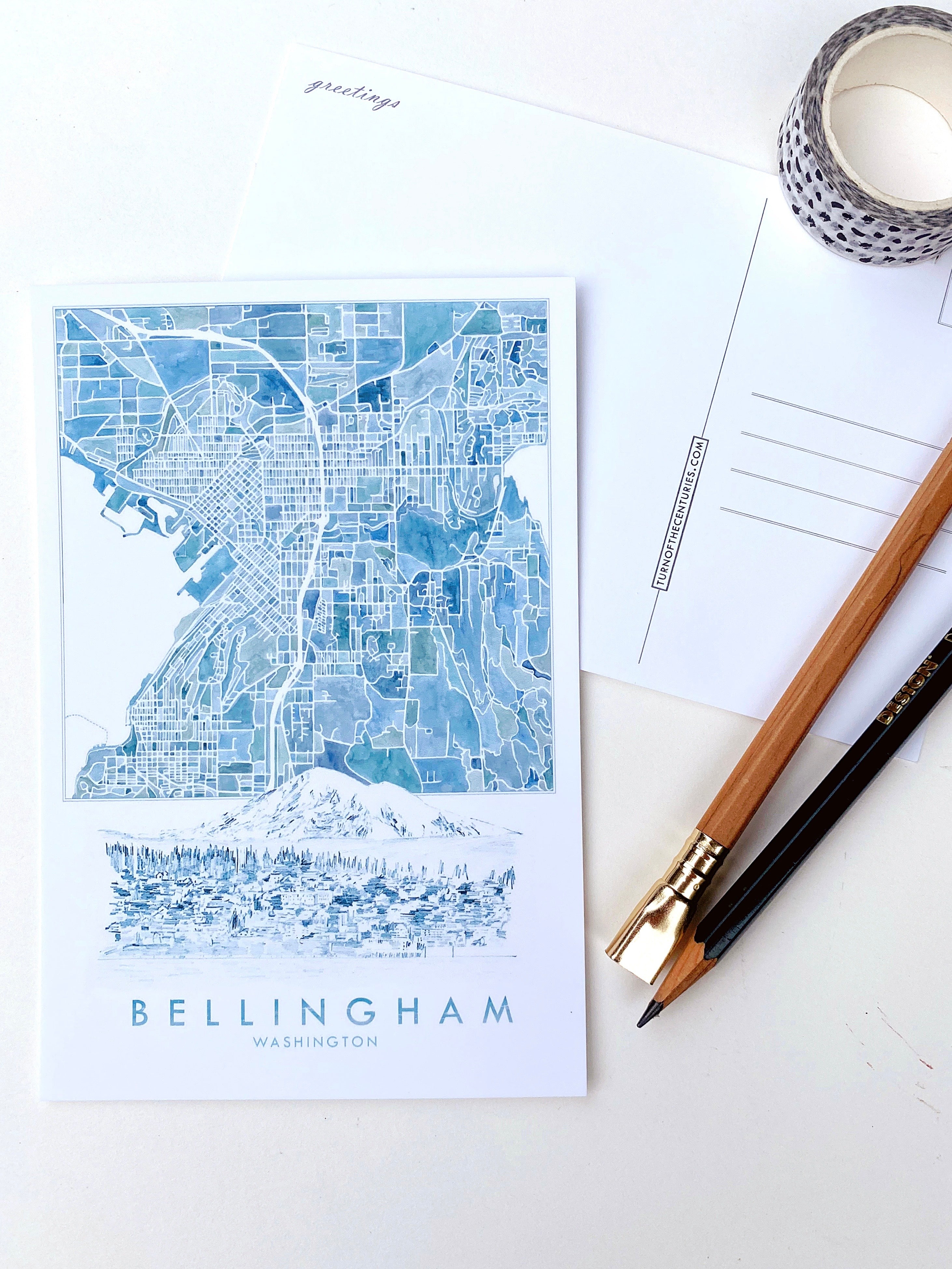 BELLINGHAM, Washington Watercolor City Map Postcard