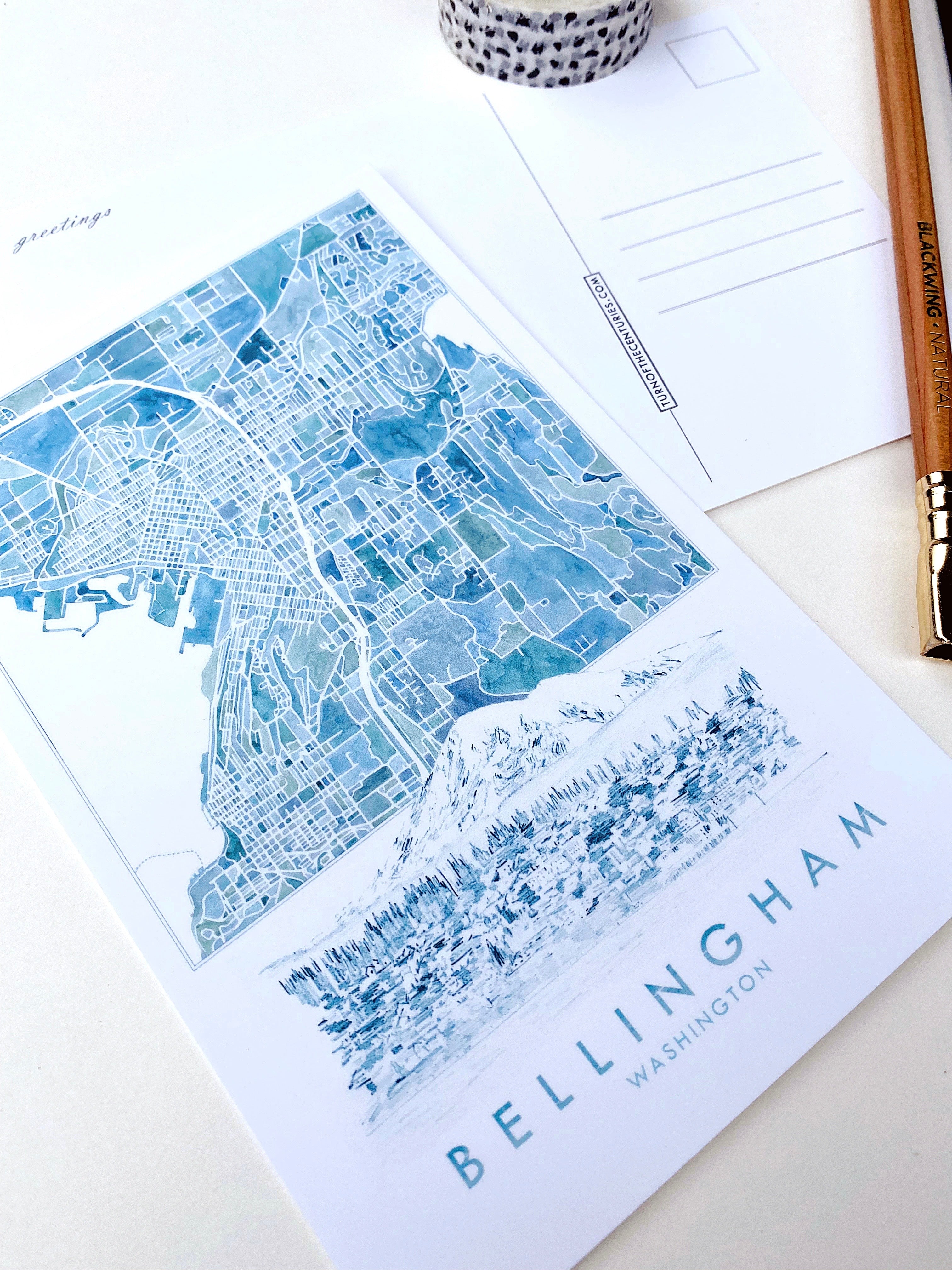 BELLINGHAM, Washington Watercolor City Map Postcard