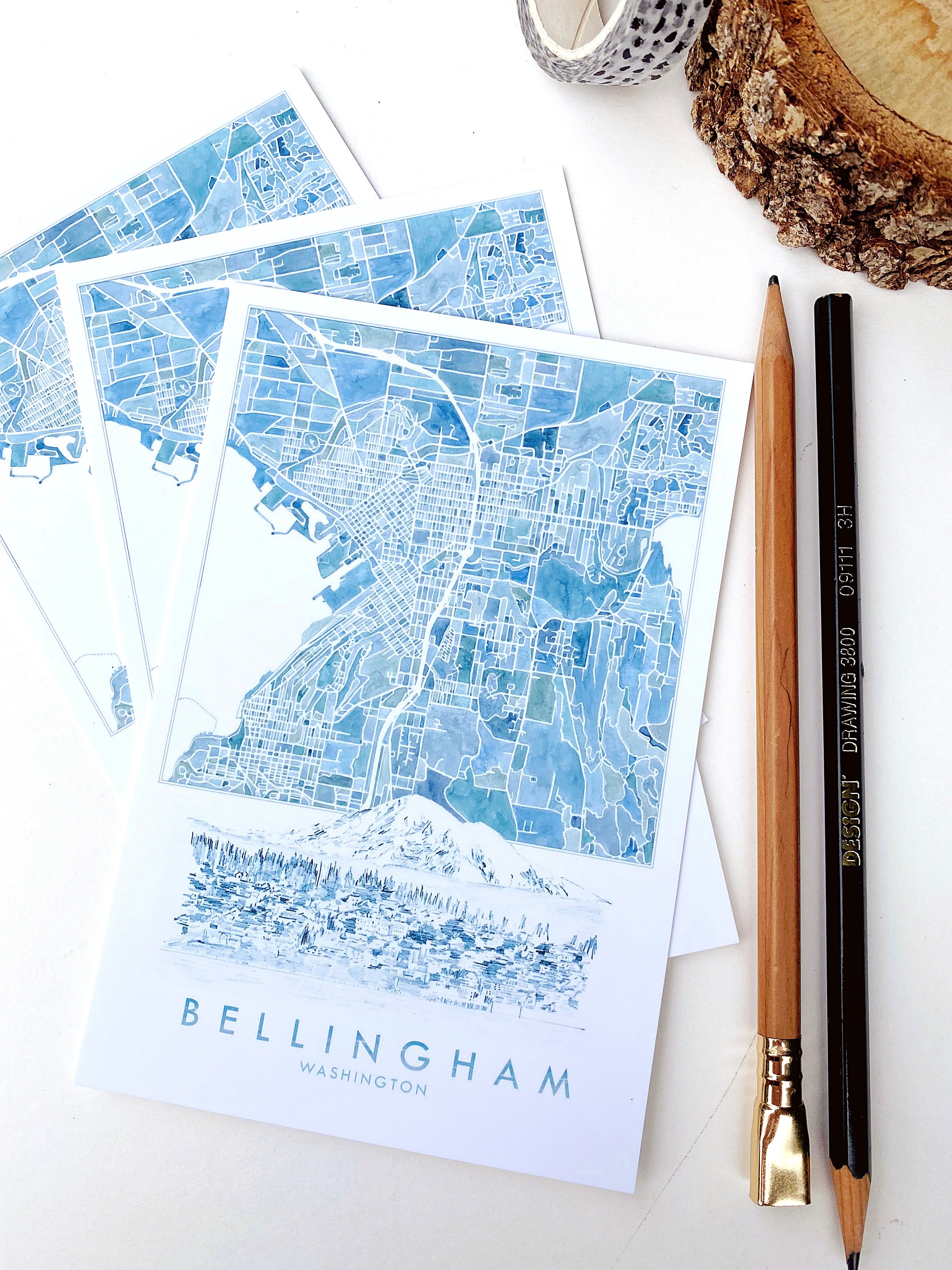 BELLINGHAM, Washington Watercolor City Map Postcard