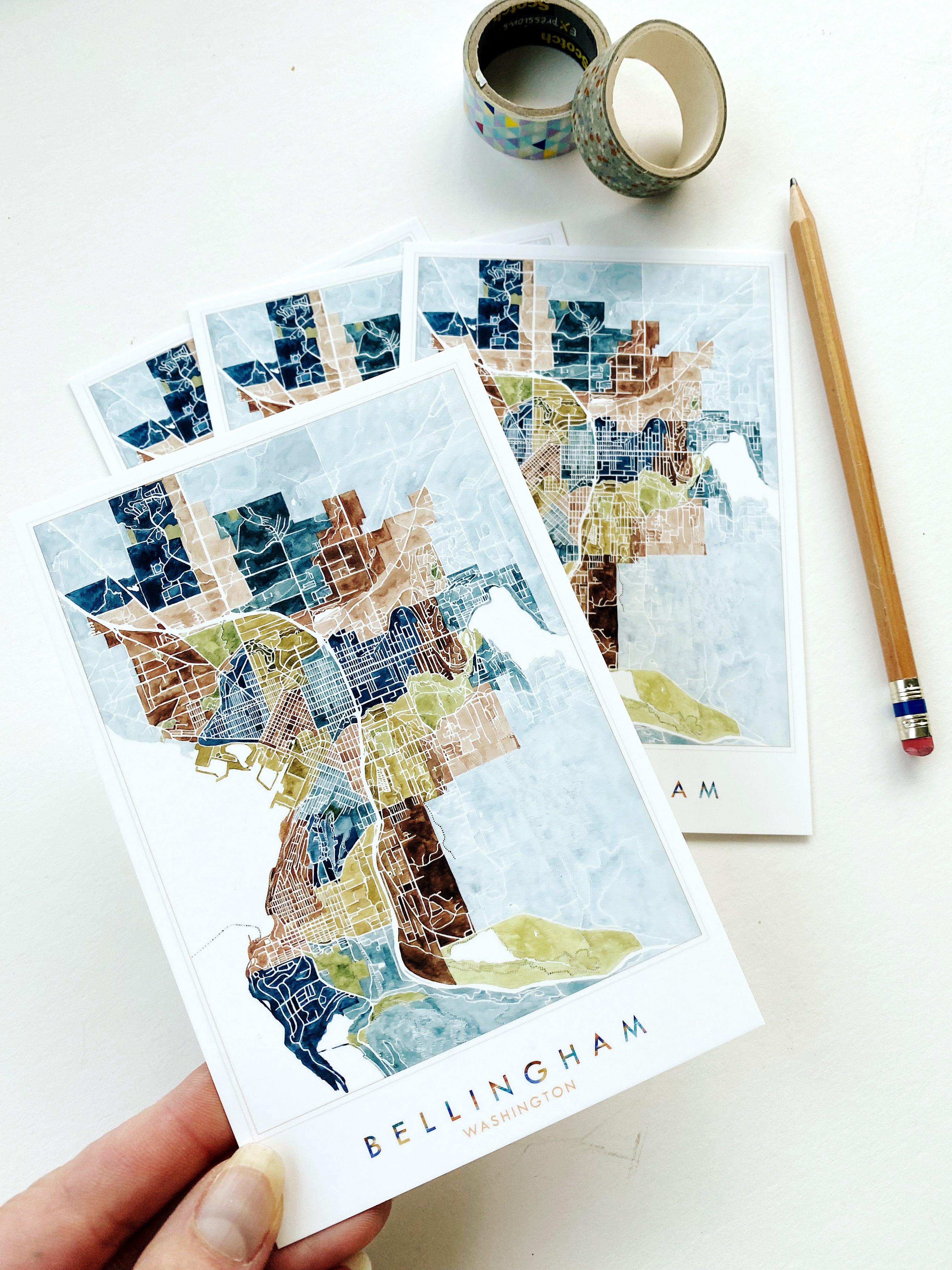 BELLINGHAM Washington Neighborhoods Watercolor Map Postcard