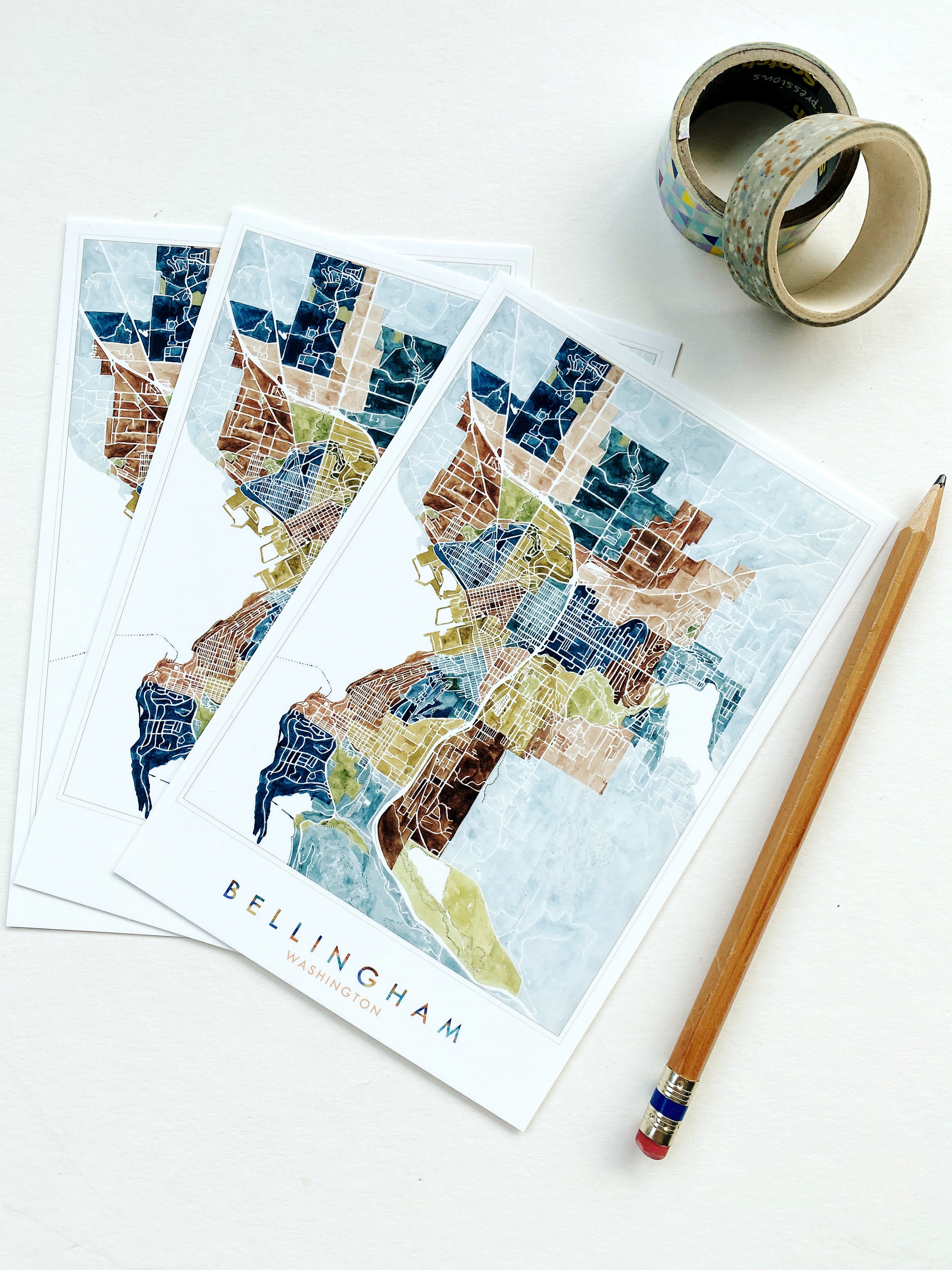 BELLINGHAM Washington Neighborhoods Watercolor Map Postcard