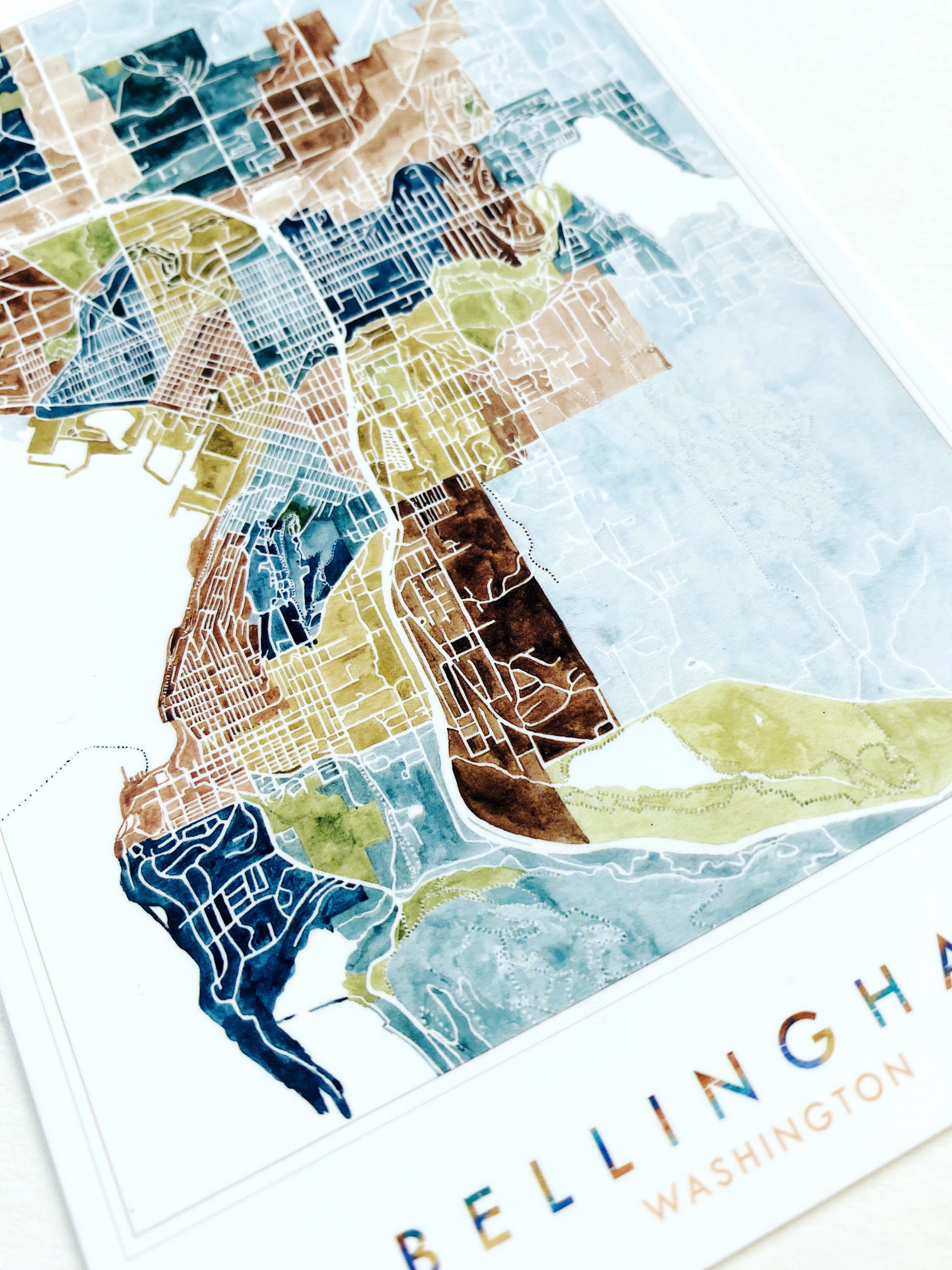 BELLINGHAM Washington Neighborhoods Watercolor Map Postcard