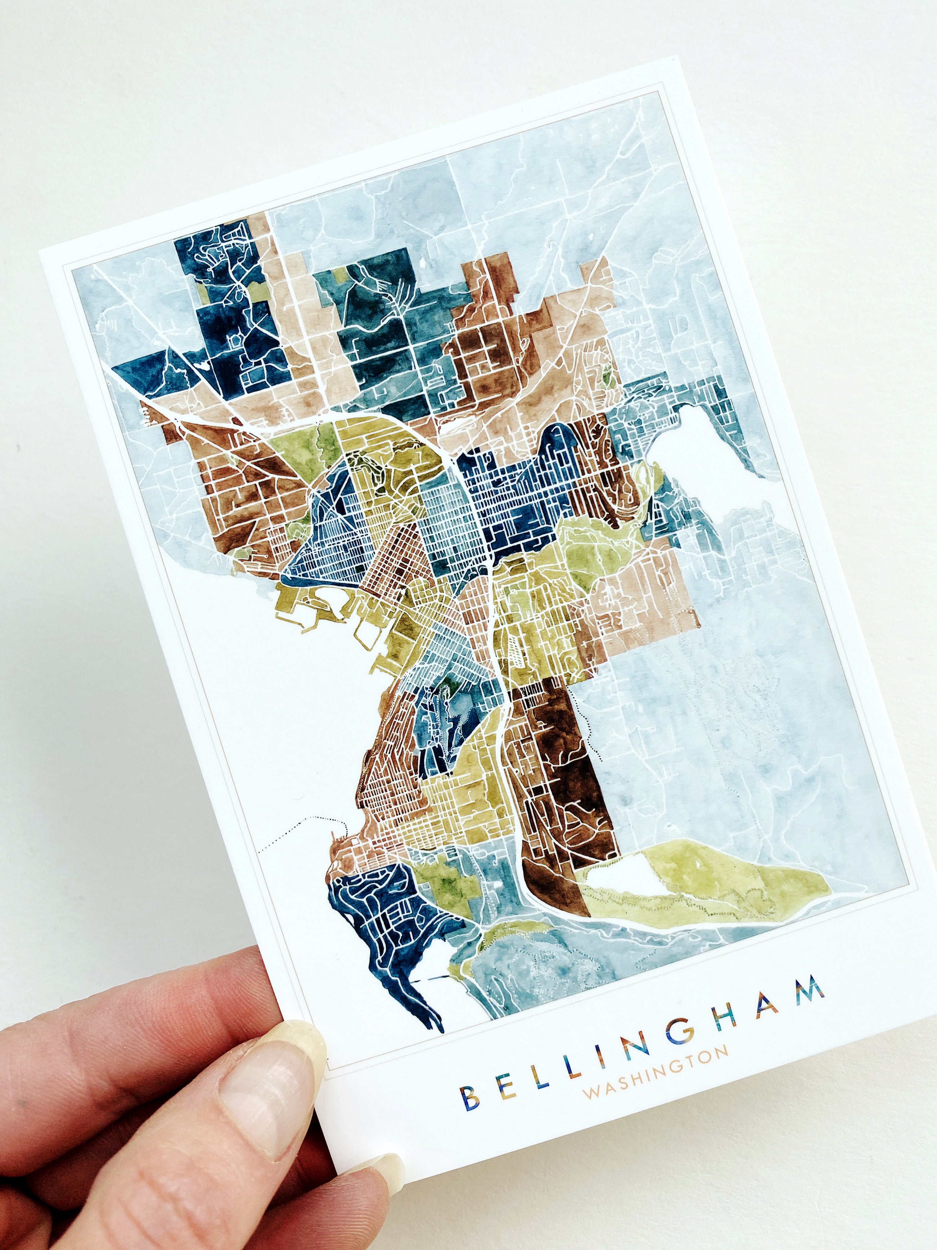 BELLINGHAM Washington Neighborhoods Watercolor Map Postcard