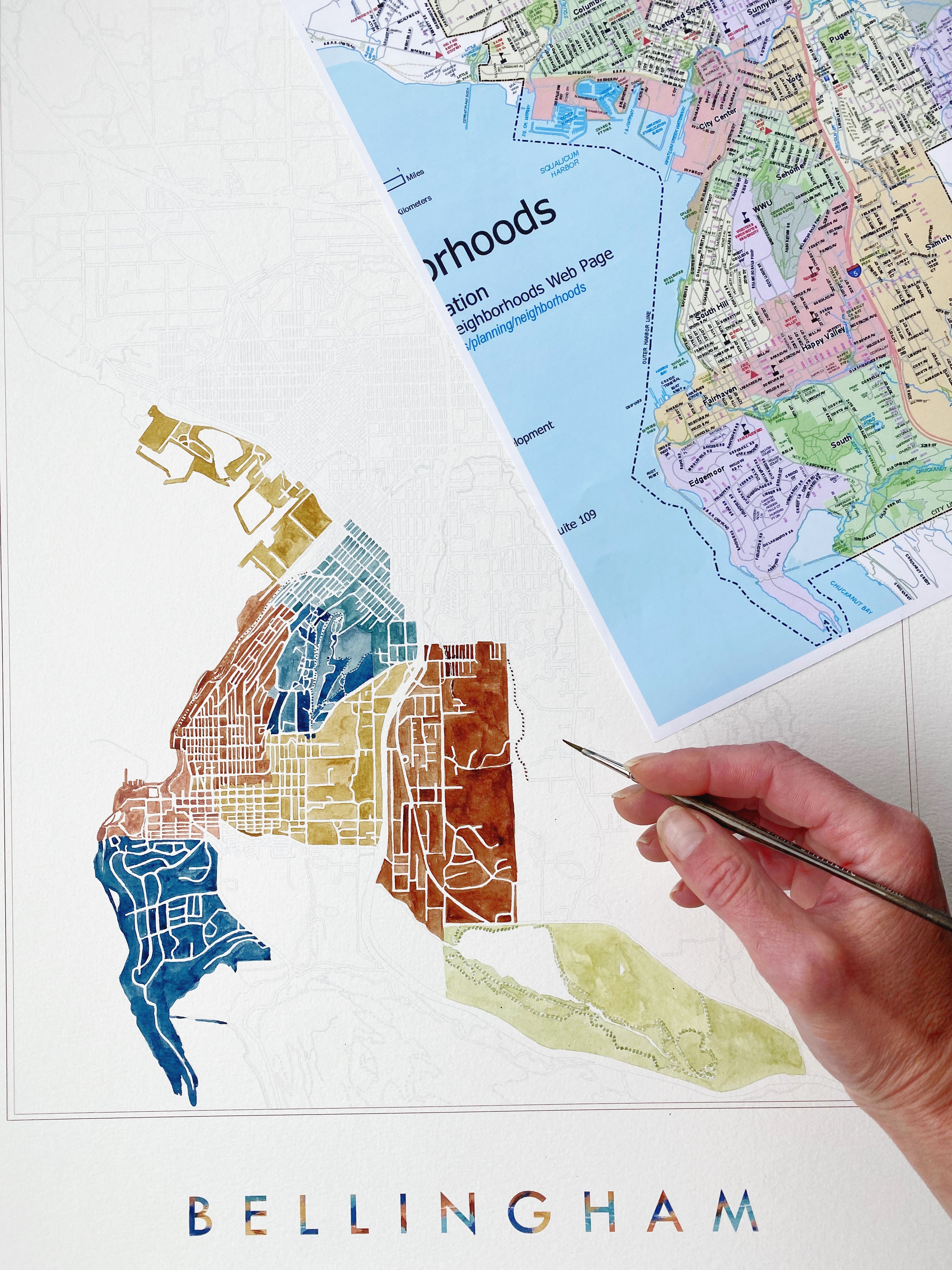 BELLINGHAM Neighborhoods Watercolor City Blocks Map: PRINT