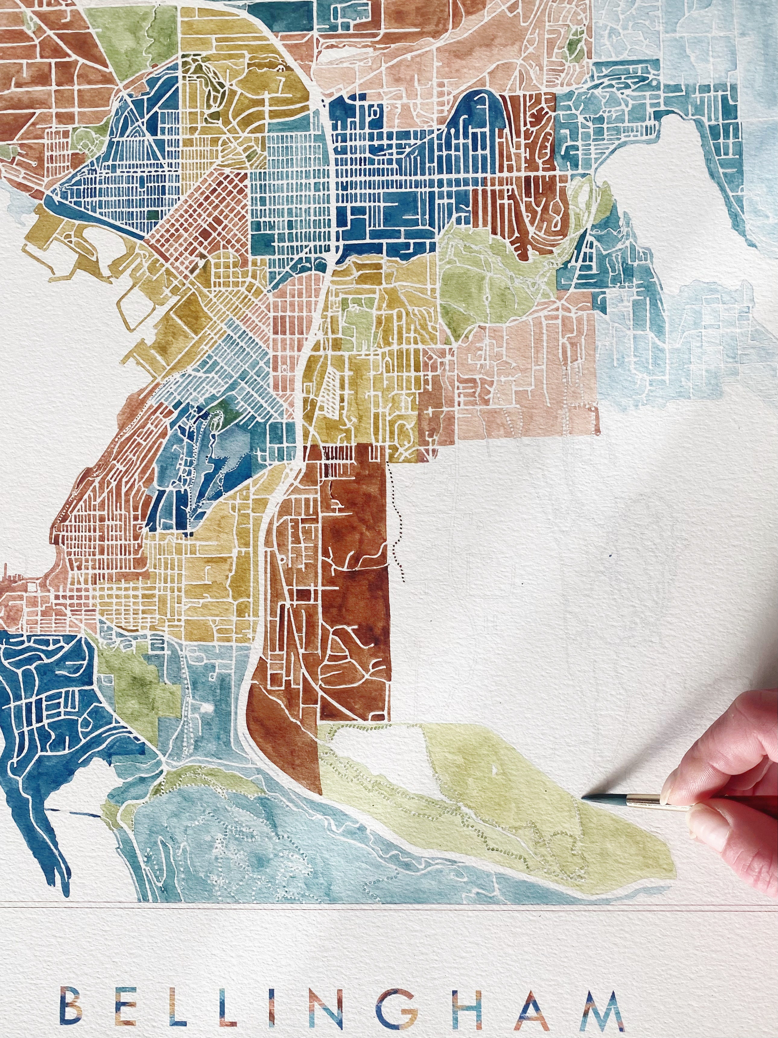 BELLINGHAM Neighborhoods Watercolor City Blocks Map: PRINT