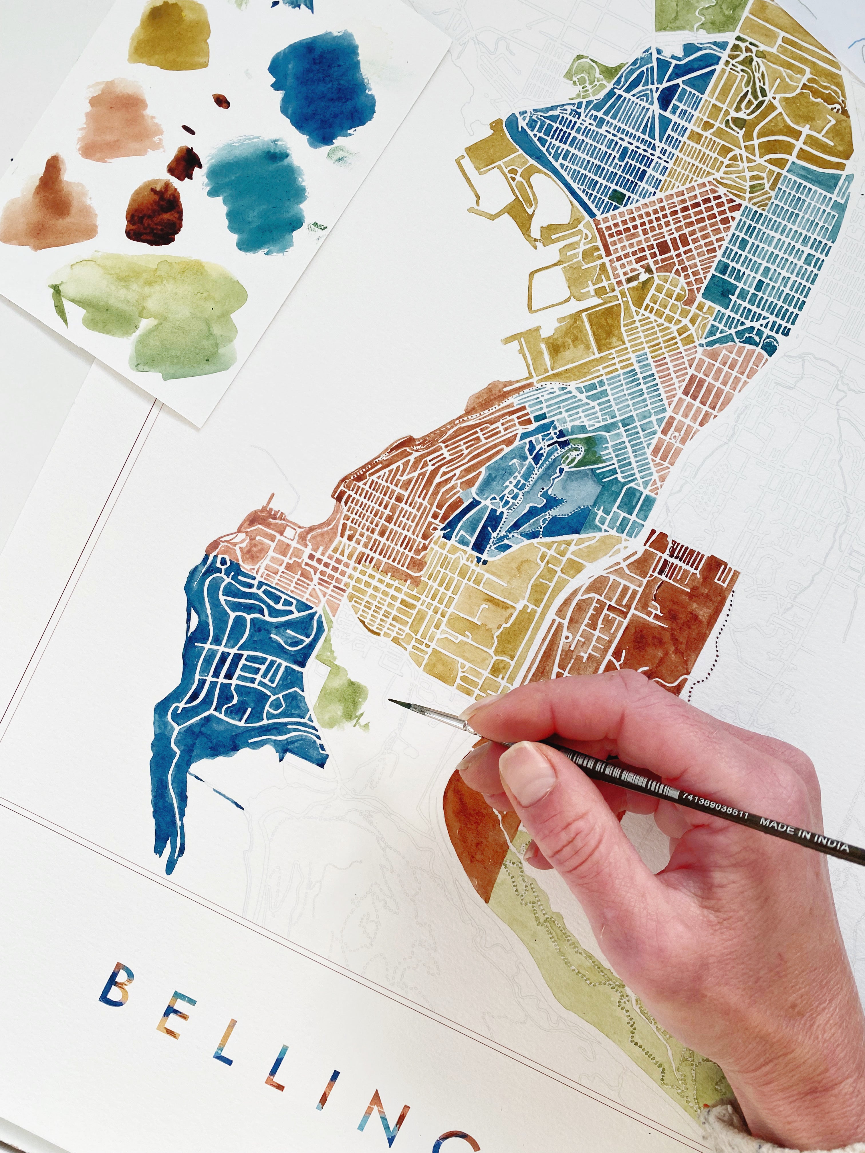 BELLINGHAM Neighborhoods Watercolor City Blocks Map: PRINT