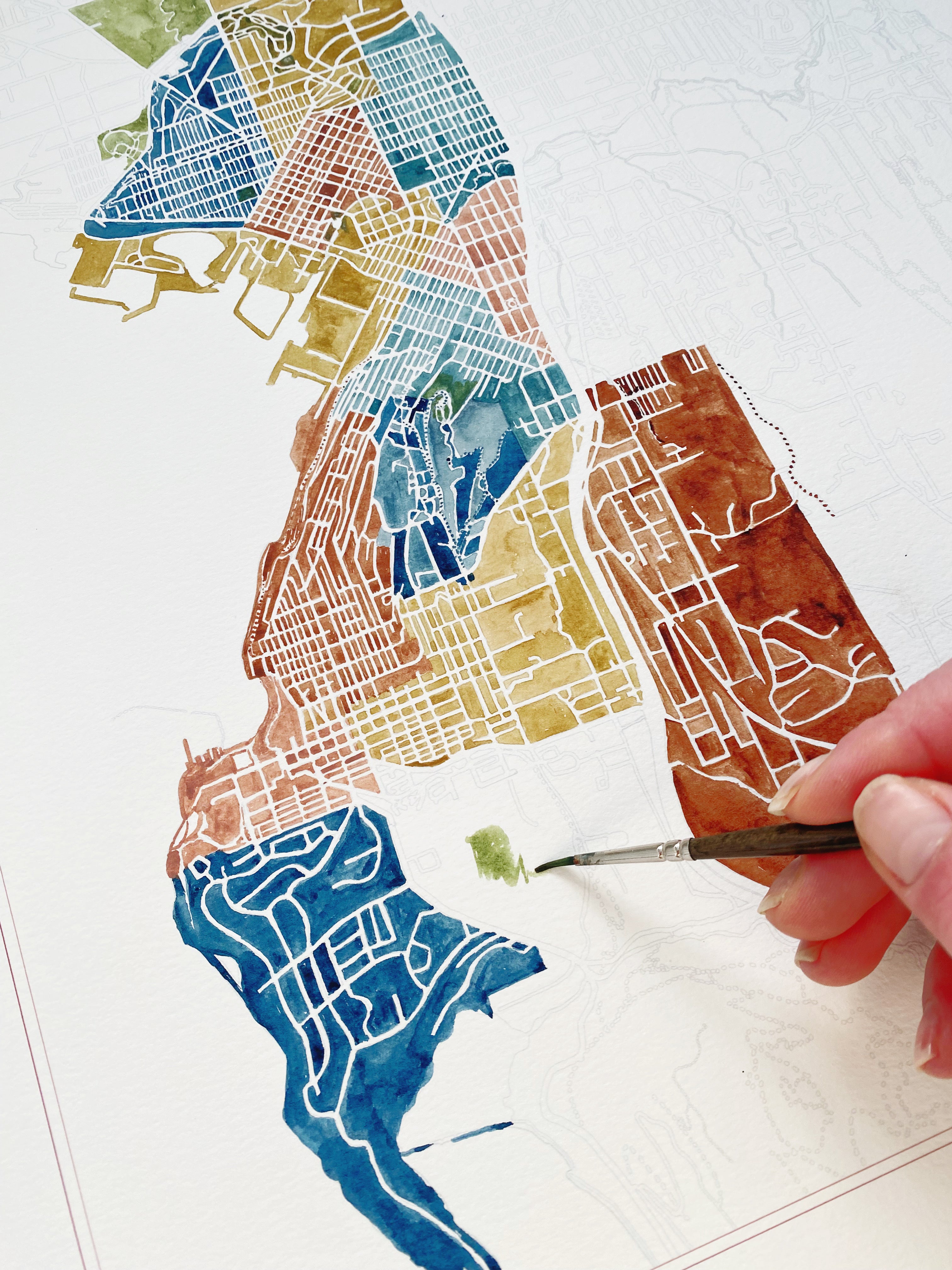 BELLINGHAM Neighborhoods Watercolor City Blocks Map: PRINT