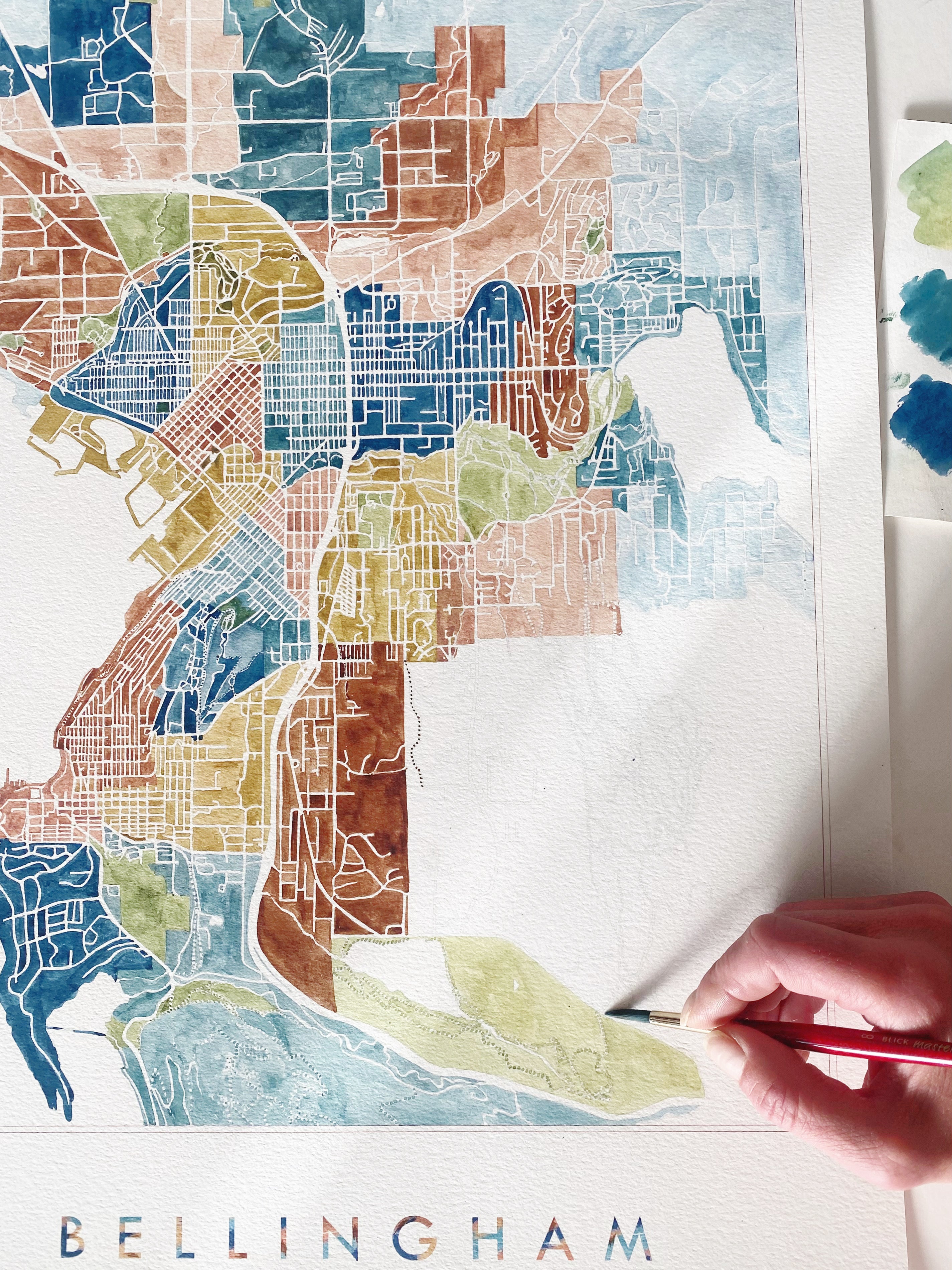 BELLINGHAM Neighborhoods Watercolor City Blocks Map: PRINT